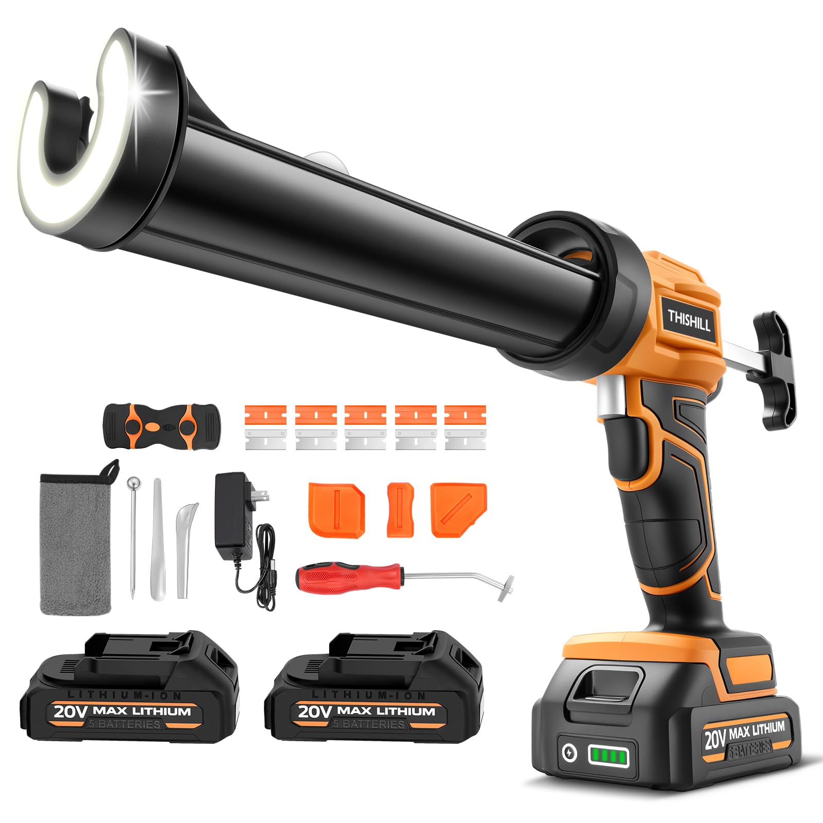 This Hill 10oz /300ml Electric Caulking Gun,20V Battery Powered Caulk Gun w/Two 2.0Ah Battery,4 Speeds,9Pcs Silicone Caulking Tools,Dripless Caulking