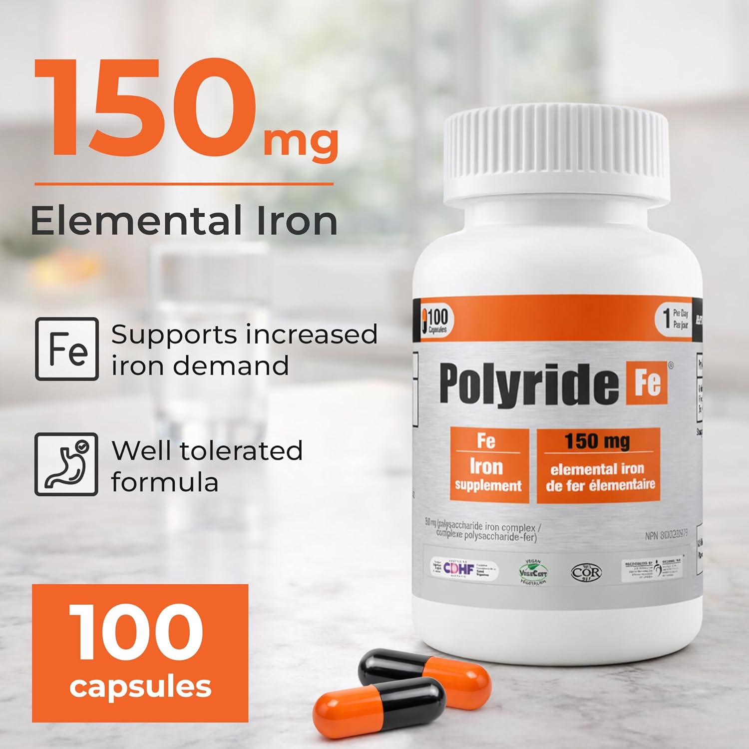 Vegan Iron Supplement 100 Capsules - 350mg Polysaccharide Iron Complex, 150mg Elemental Iron - Gentle Absorption - CDHF and SOGC Recognized