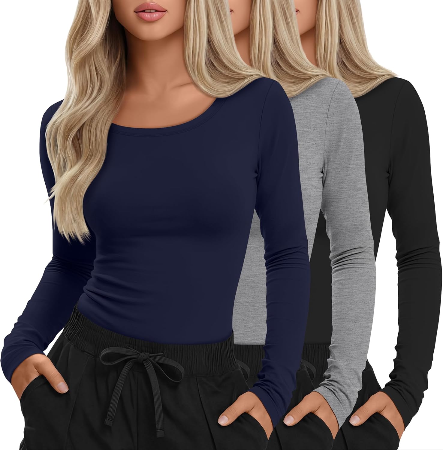 3 Pack Women's Under Scrub Shirts Long Sleeve Crew Neck Slim Fit Tees Basic Casual Soft Undershirts for Nurse