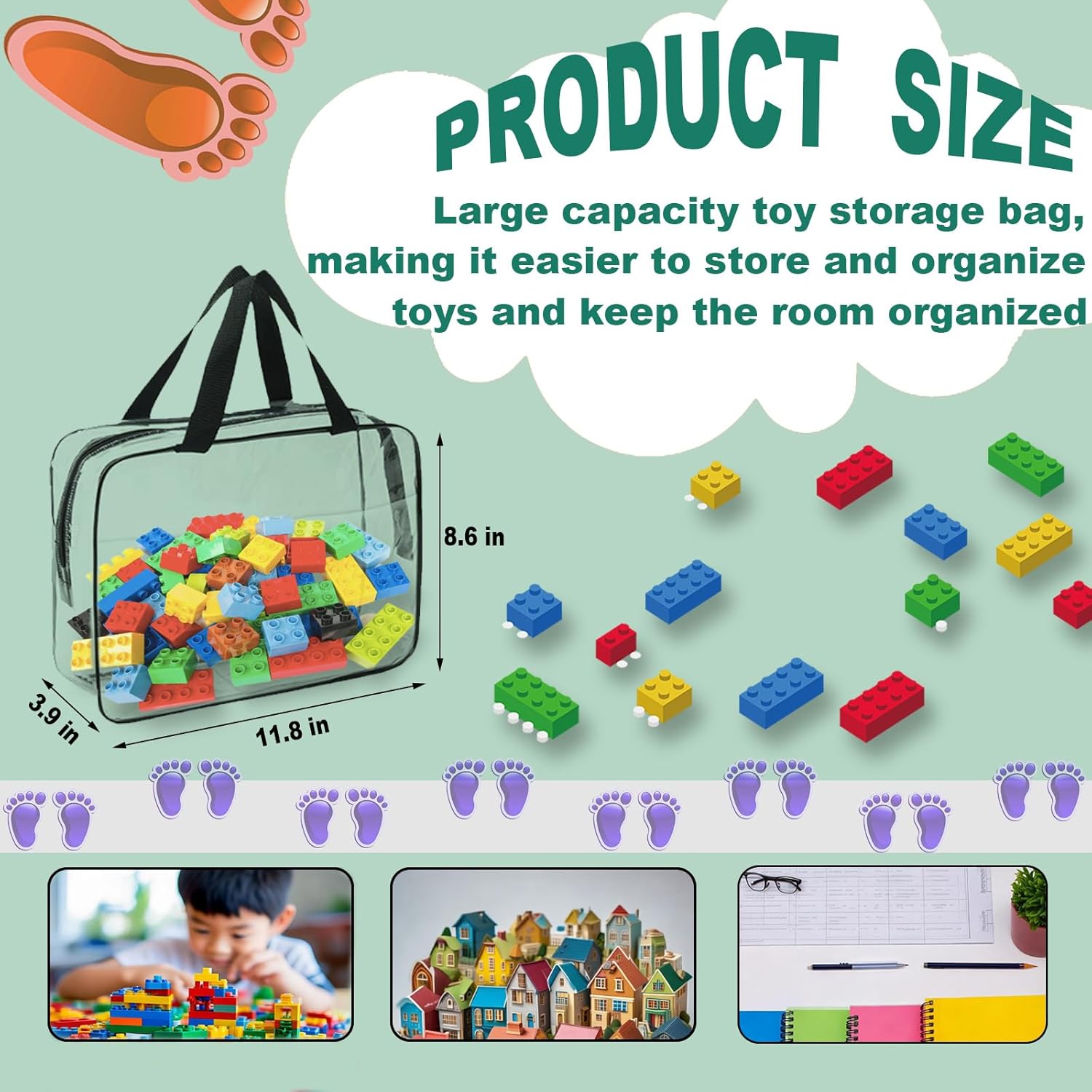 6 Pcs Toy Storage Bags with Zipper - 11.8 x 8.6 x 3.9 Inch,Clear PVC Portable Handheld Zipper Toy Organizer Bags for Organizing Board Games,Building Blocks,Puzzle,and Kids Books.black 6 Pcs