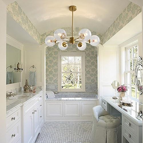 Miniatura 6 de BOKT Candelabro moderno de globo dorado de 6 luces, lámpara Sputnik de latón cepillado, lámpara de bola de burbujas de vidrio transparente, lámpara