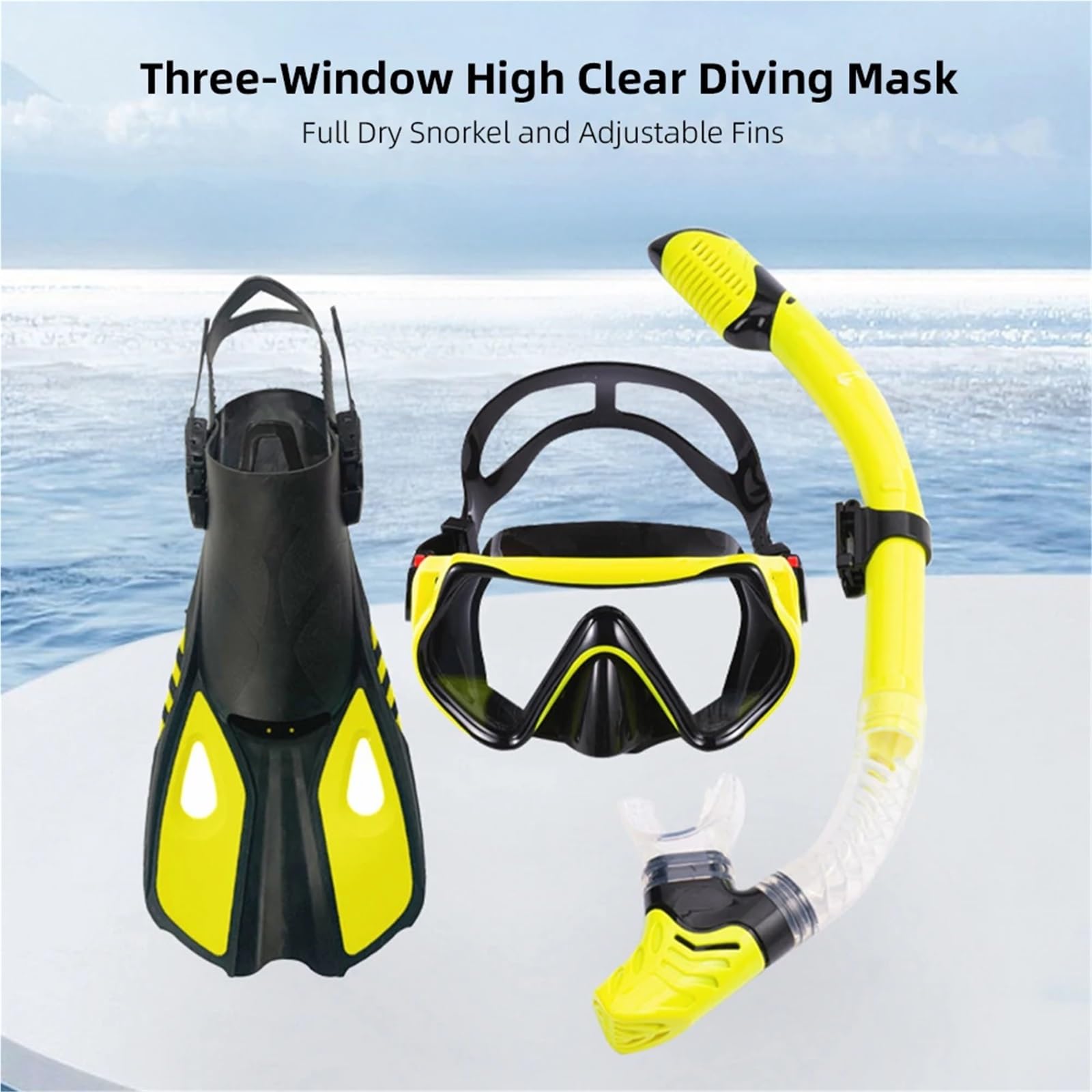 Maschera Subacquea Maschera Subacquea con Tre finestre, Maschera Subacquea Trasparente con boccaglio Completamente Asciutto e Pinne Regolabili Maschera(Yellow L XL)