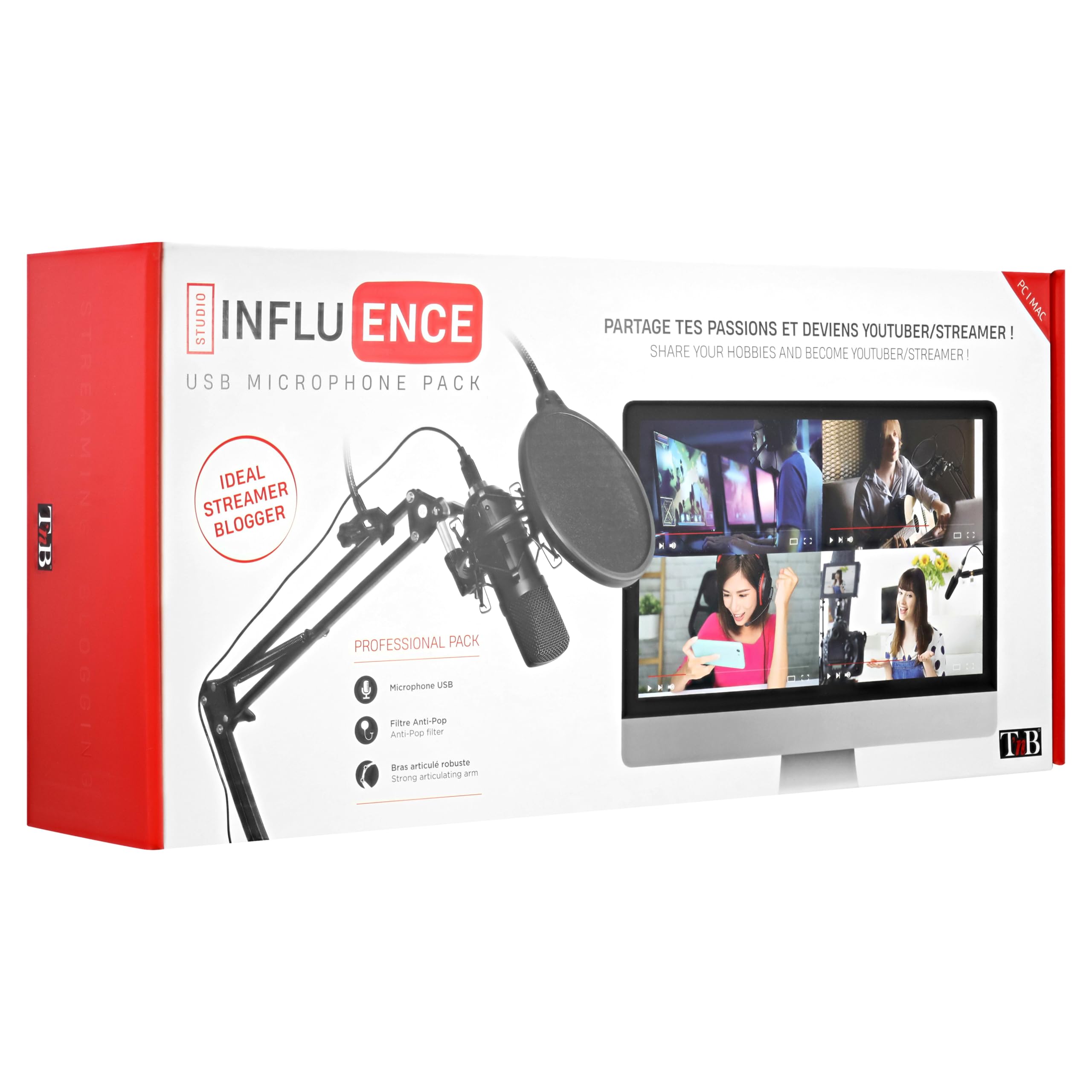 TnB Influence Mikrofon Nierencharakteristik Kondensatormikrofon Professionelle Qualität, Komplettpaket - Gelenkarm - Mütze - Popfilter - Vibrationsunterstützung, ideal für Streaming, Podcast - Schwarz