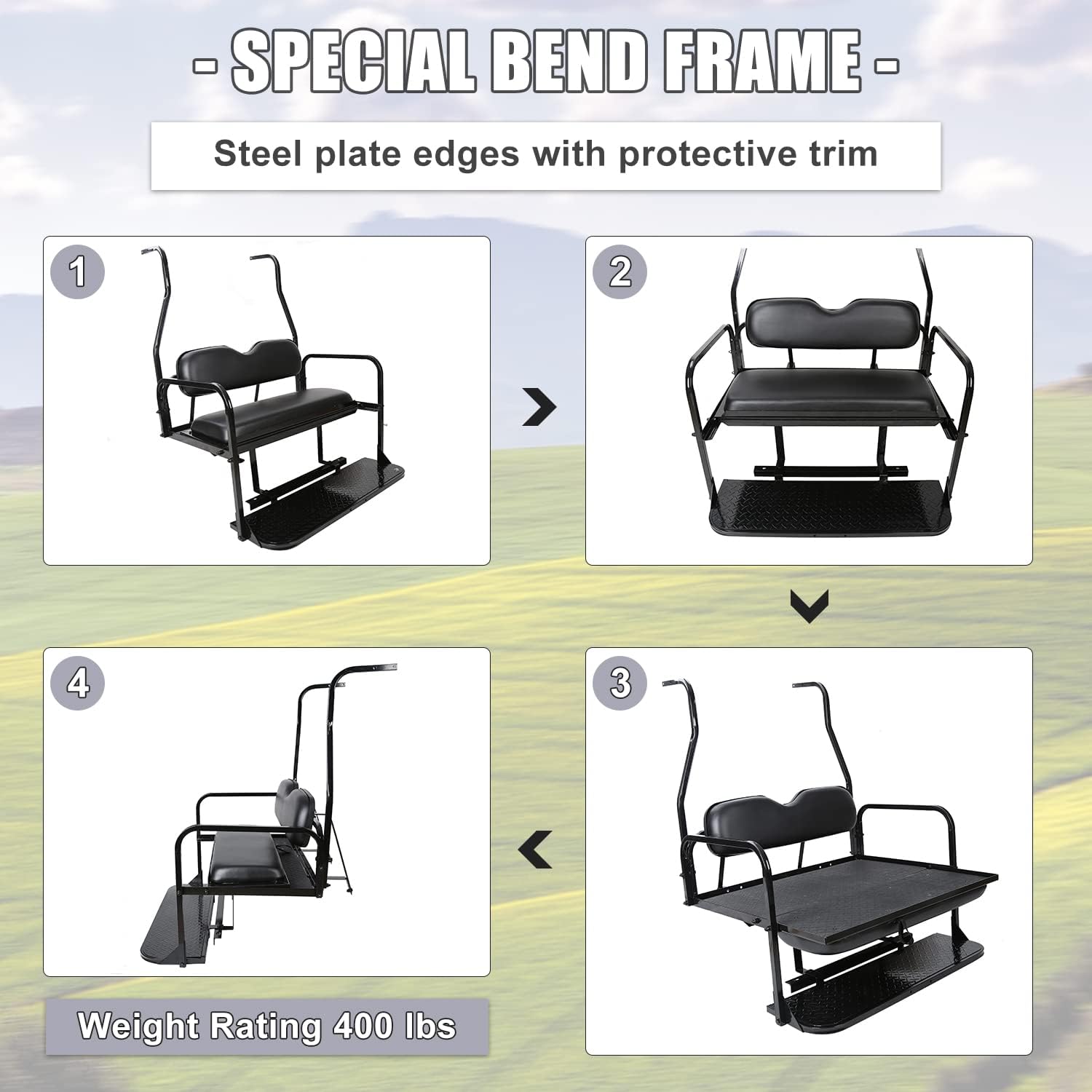 ECOTRIC Rear Flip Folding Seat Kit Compatible with 2000-2013 Club Car DS Model Golf Cart 400 lbs Weight Capacity - You Will Receive 2 Packages Separately