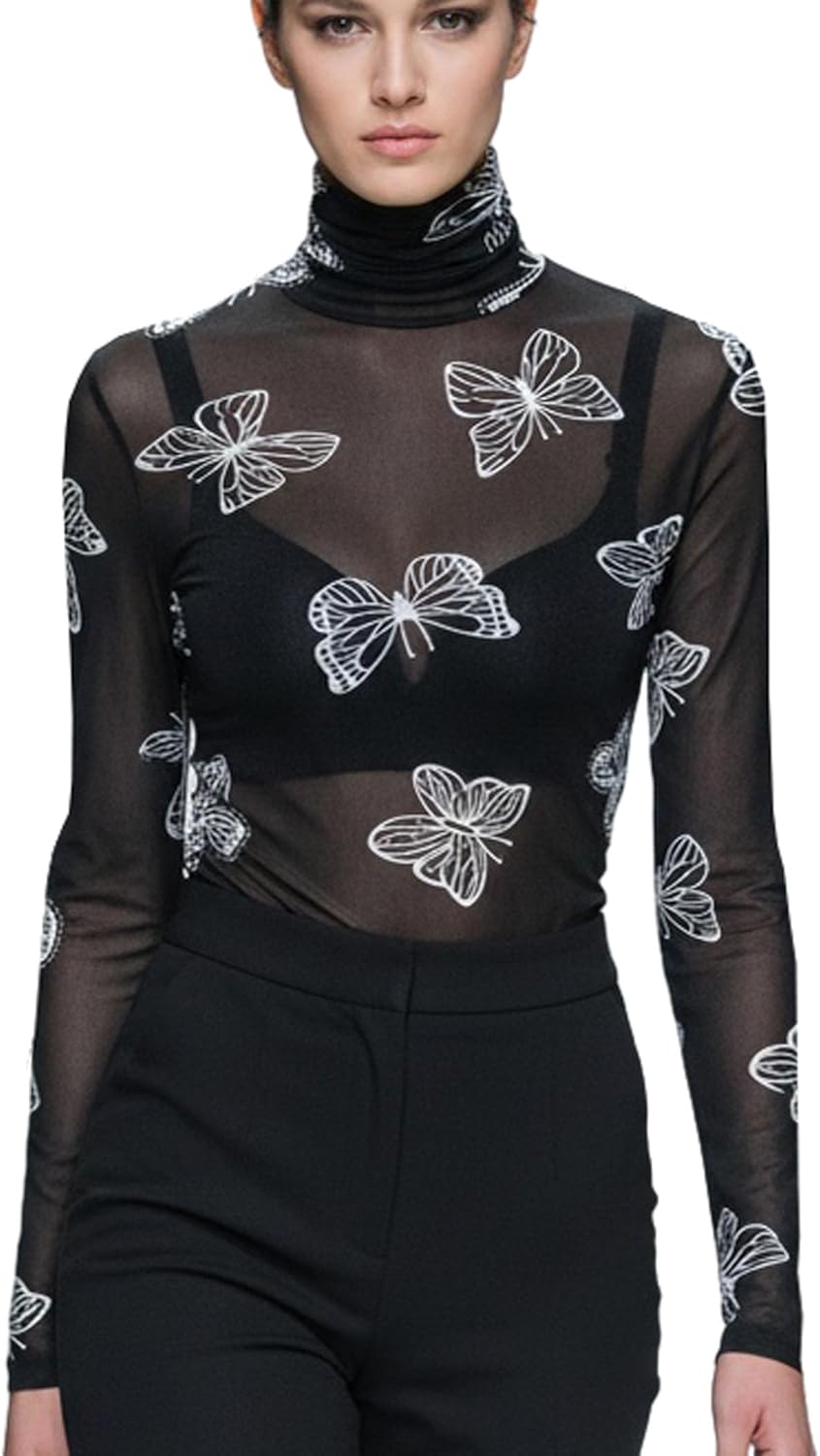 METWAY Black Sheer Top Women Mesh Long Sleeve Tops Lace Turtleneck See Through Undershirt Sexy Blouse Going Out T Shirt