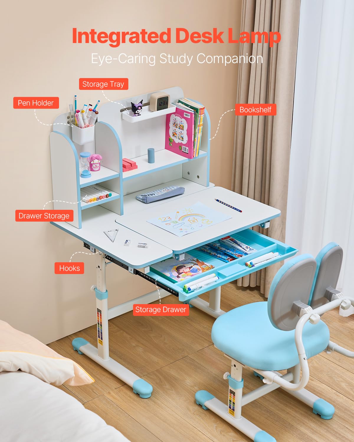 VEVOR Juego de Mesa y Silla de Estudio para Niños Capacidad de Carga de 100 kg, Ajuste de Altura del Escritorio de 54-73 cm, Mesa Inclinable 0-40° con estantería para Dormitorio, Estudio, Azul