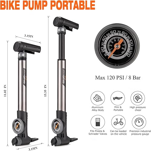 Miniatura 3 de Mini bomba de bicicleta con manómetro - Presta & Schrader - Bomba de aire de bicicleta portátil de 120 PSI para bicicleta de carretera y montaña