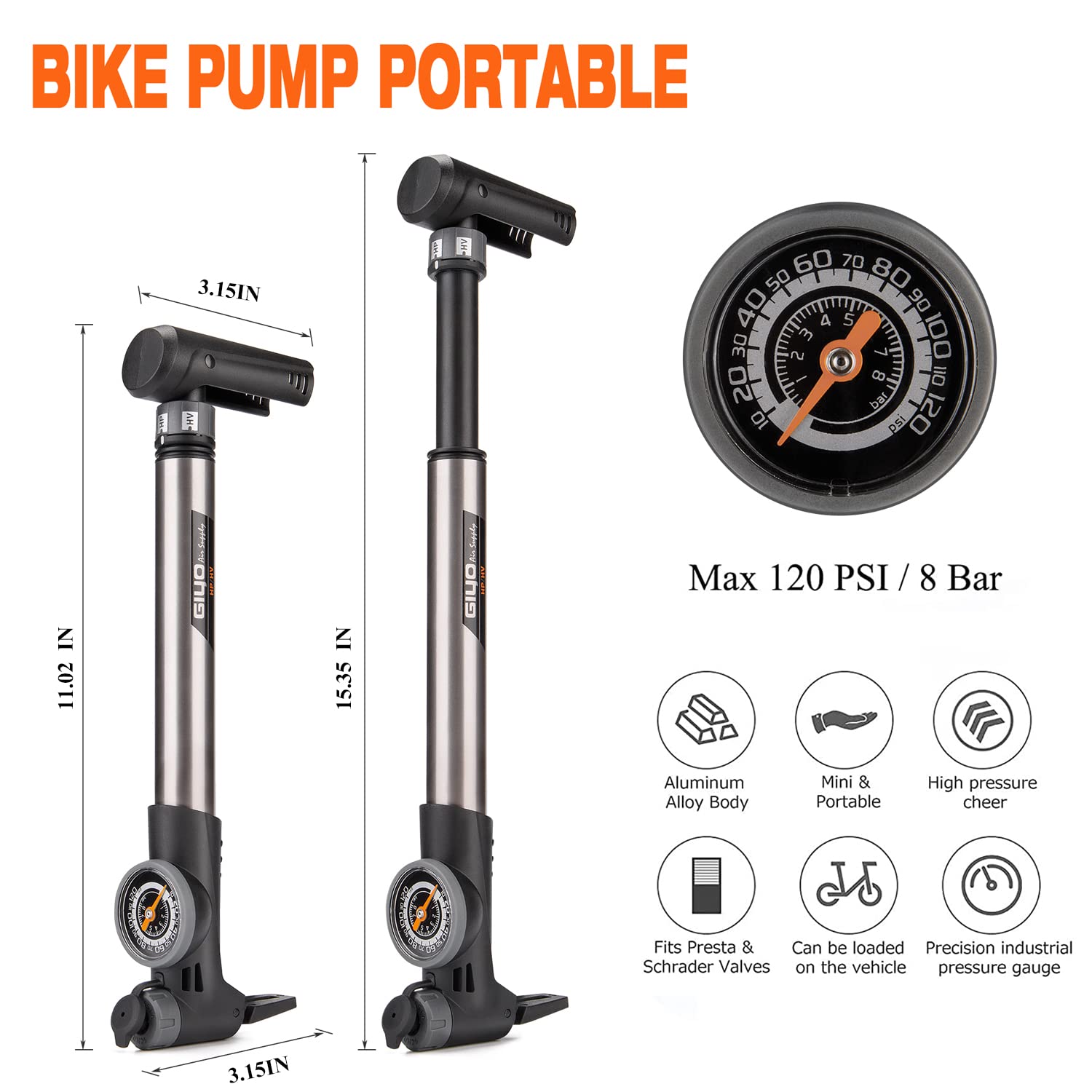 CXWXC Portable Bike Pump With Gauge - 120 PSI, Fits Presta & Schrader Valves, Includes Mounting Bracket