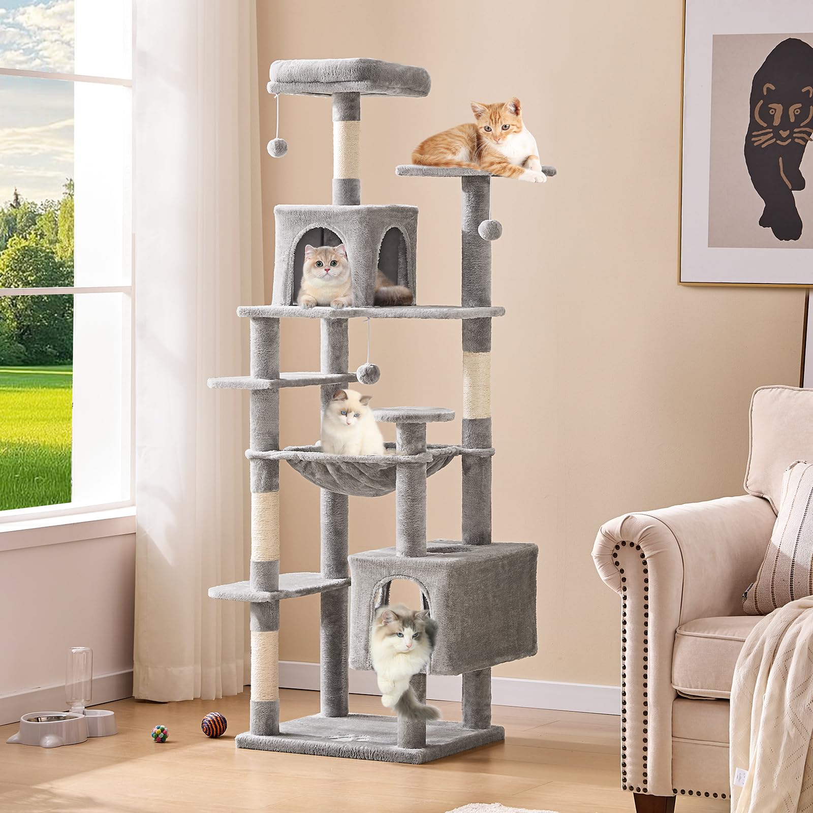 MSmask Árbol de gatos grande, L Árbol para gatos estable, árbol de rascar para gatos con 2 plataformas, 2 cuevas para gatos, hamaca, columnas de sisal, árbol de escalada de varios pisos para gatos