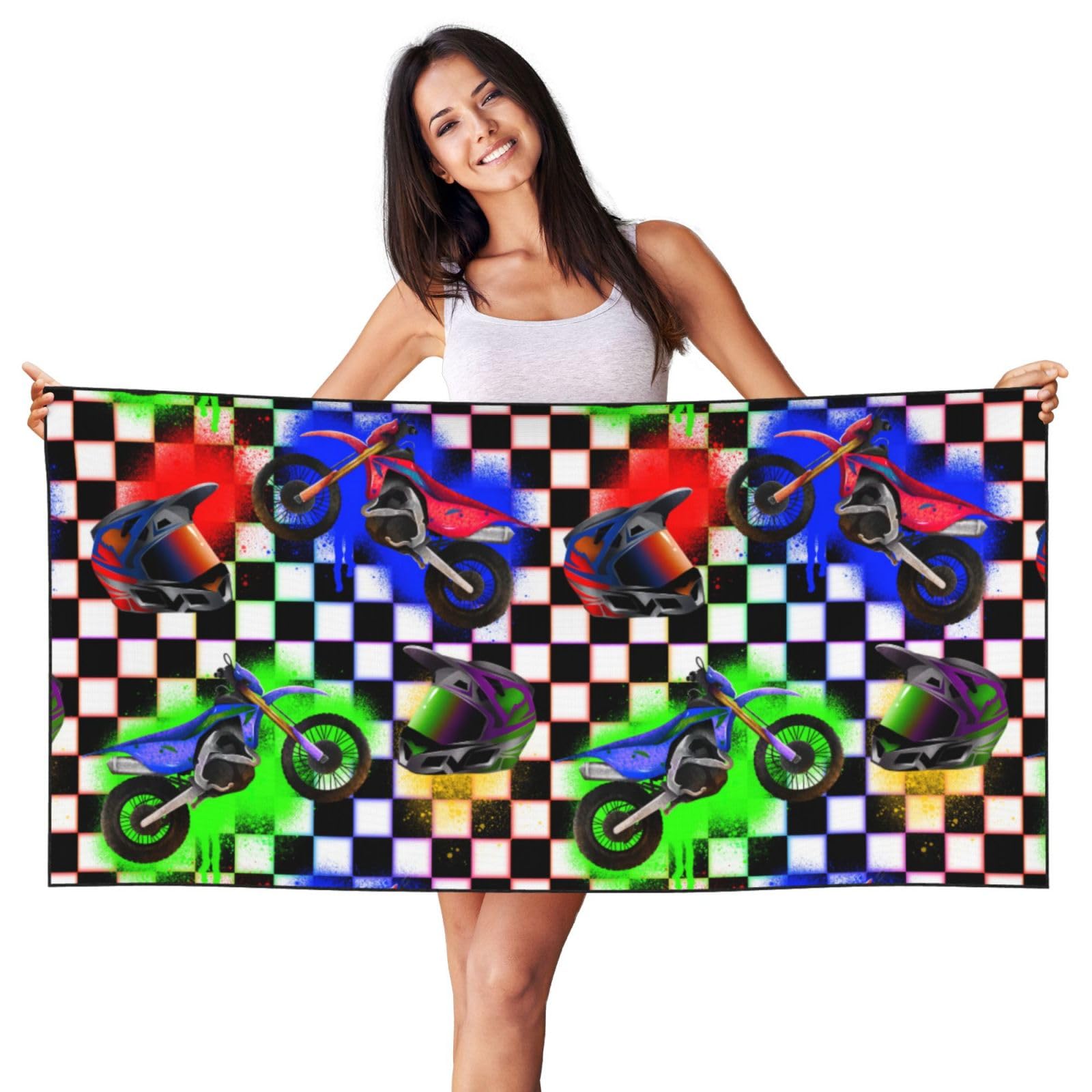 peiyeety Checkered Dirt Bike Beach Towel Quick Dry Towels for Swimming Pool Camping Beach Accessories Travel Things for Vacation 27.5 X 55 in
