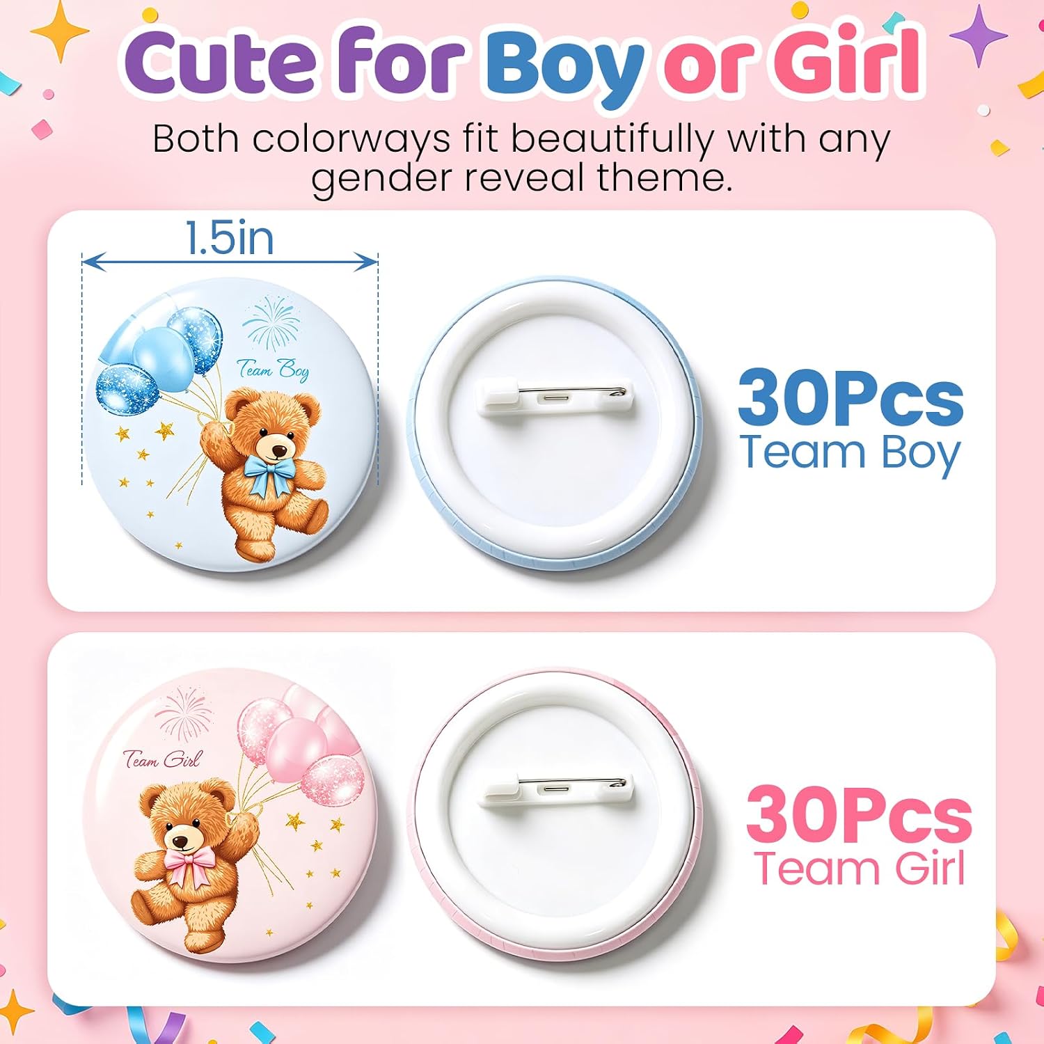 Team Boy or Team Girl Gender Reveal Party Pins - 60-Piece Set of Team Boy or Team Girl Button Badges for Games, Gifts, and Decorations—the Perfect Keepsake for Your Gender Reveal Celebration