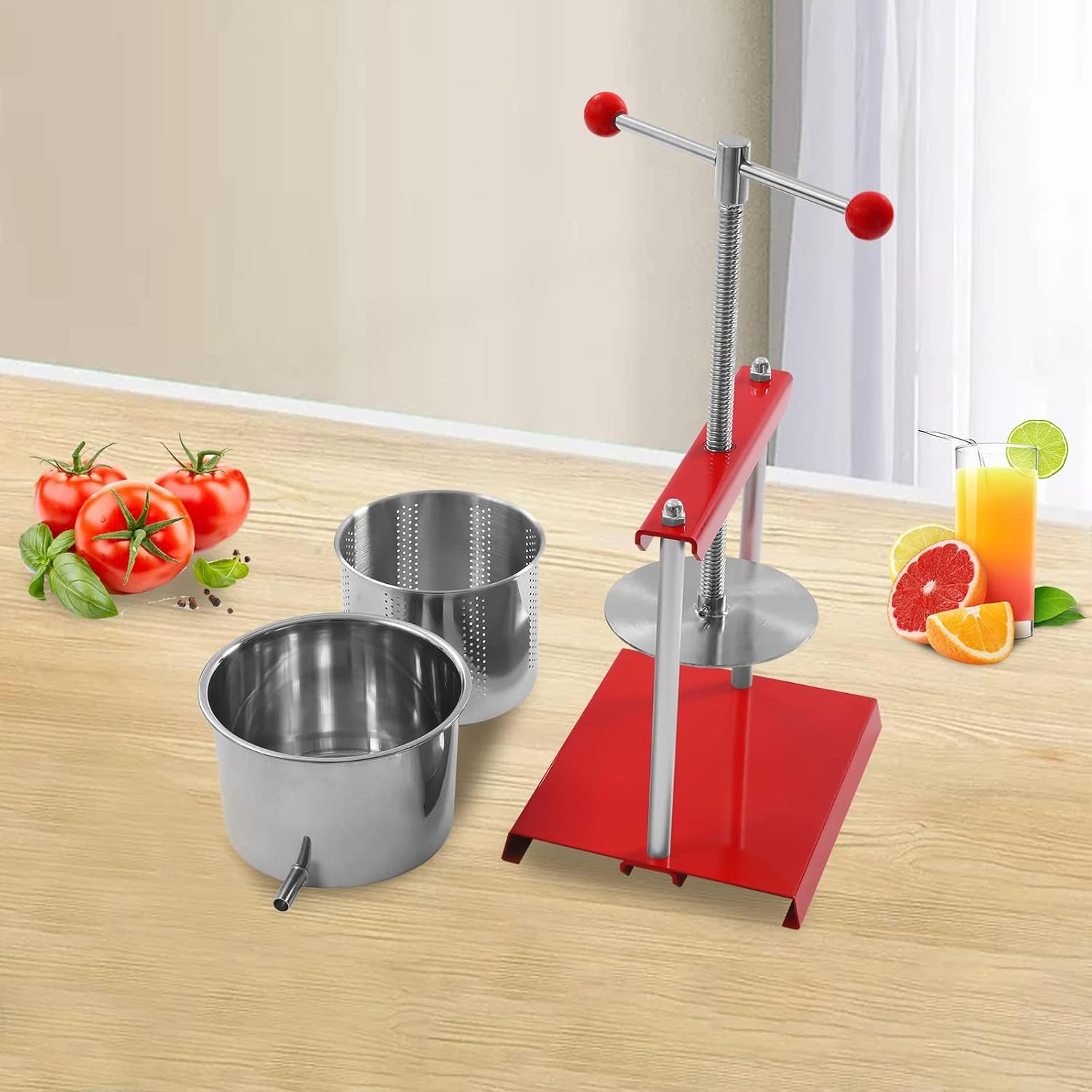 Manual Fruit Press Wine Press Juice Maker Making Tool Farms Household Stainless Steel Barrels Press Machine for Apple Grapes Cheese Honey Vegetable,6L