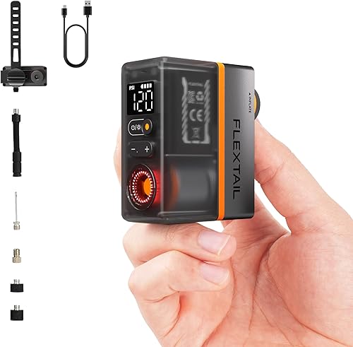 FLEXTAILGEAR Mini Bike Tire Pump with Gauge&Taillight, 130 PSI Portable Electric Bicycle Pump with Presta and Schrader Valve for Road and Mountain