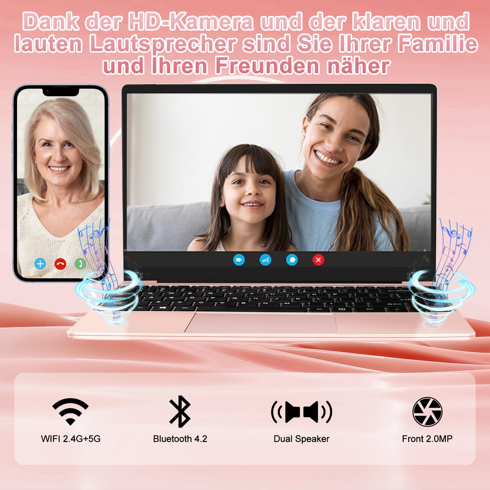 NOTODD 2026 Laptop 14 Zoll Win11 Pro 6GB DDR4 256GB SSD TF Unterstützung 1TB Celeron N4020 (bis 2.8GHz) Full Metal 5000mAh Notebook mit 1080P Mini HDMI Deutscher Tastaturschutz und kabellose Maus-Gold