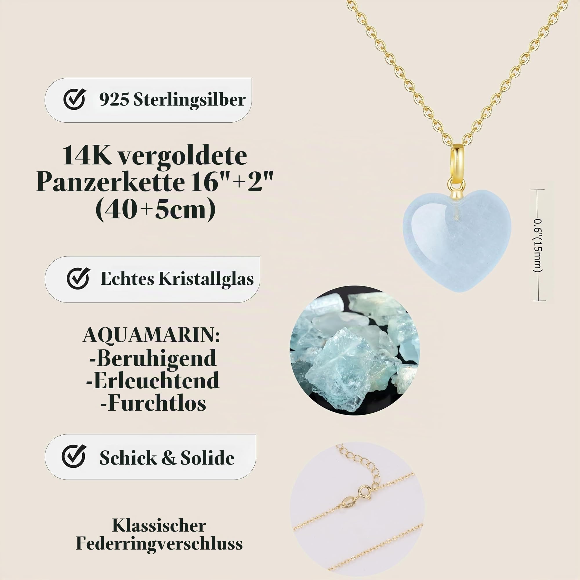 COAI Geschenkideen 925 Sterling Silber Damen Goldkette mit Naturstein Herz Anhänger Halskette
