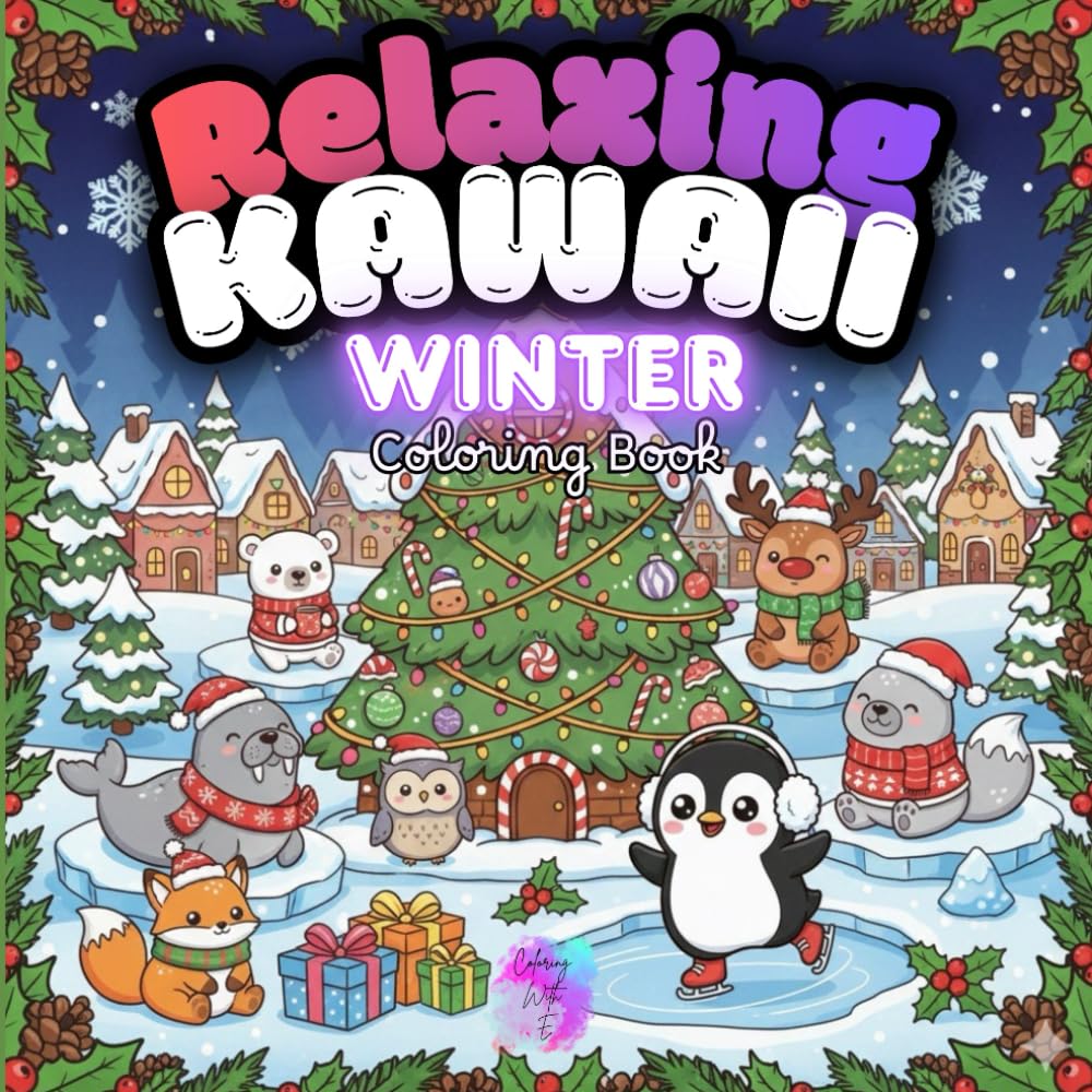 Relaxing Kawaii Winter Coloring Book: Cute Winter Animals, Cozy Christmas Scenes and Kawaii Snowy Villages to Color for Kids, Teens and Adults