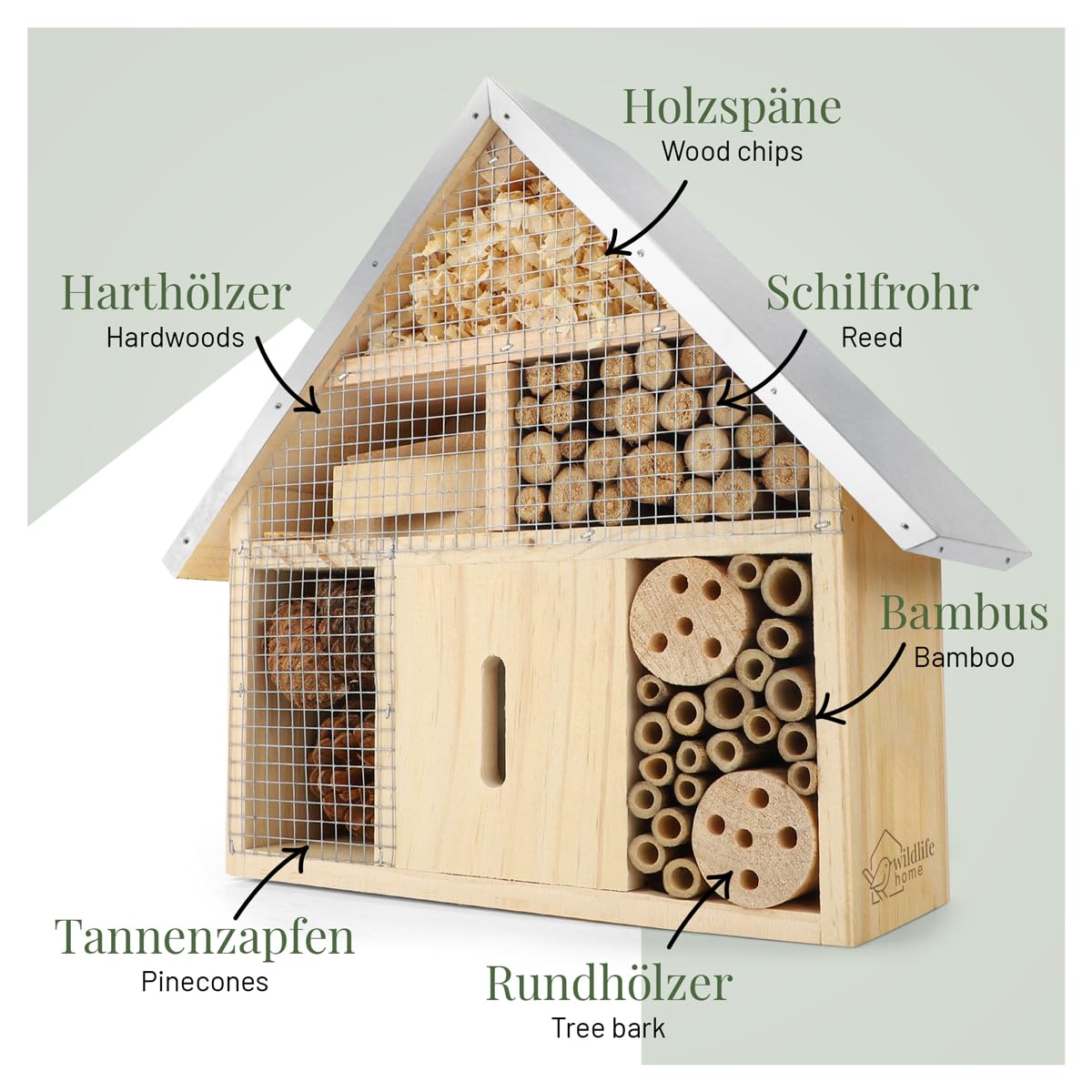 WILDLIFE HOME Hotel de insectos – Natural & resistente a la intemperie, casa de insectos de madera natural para abejas, abejas silvestres, mariquitas y mariposas, hotel de abejas y ayuda para anidar