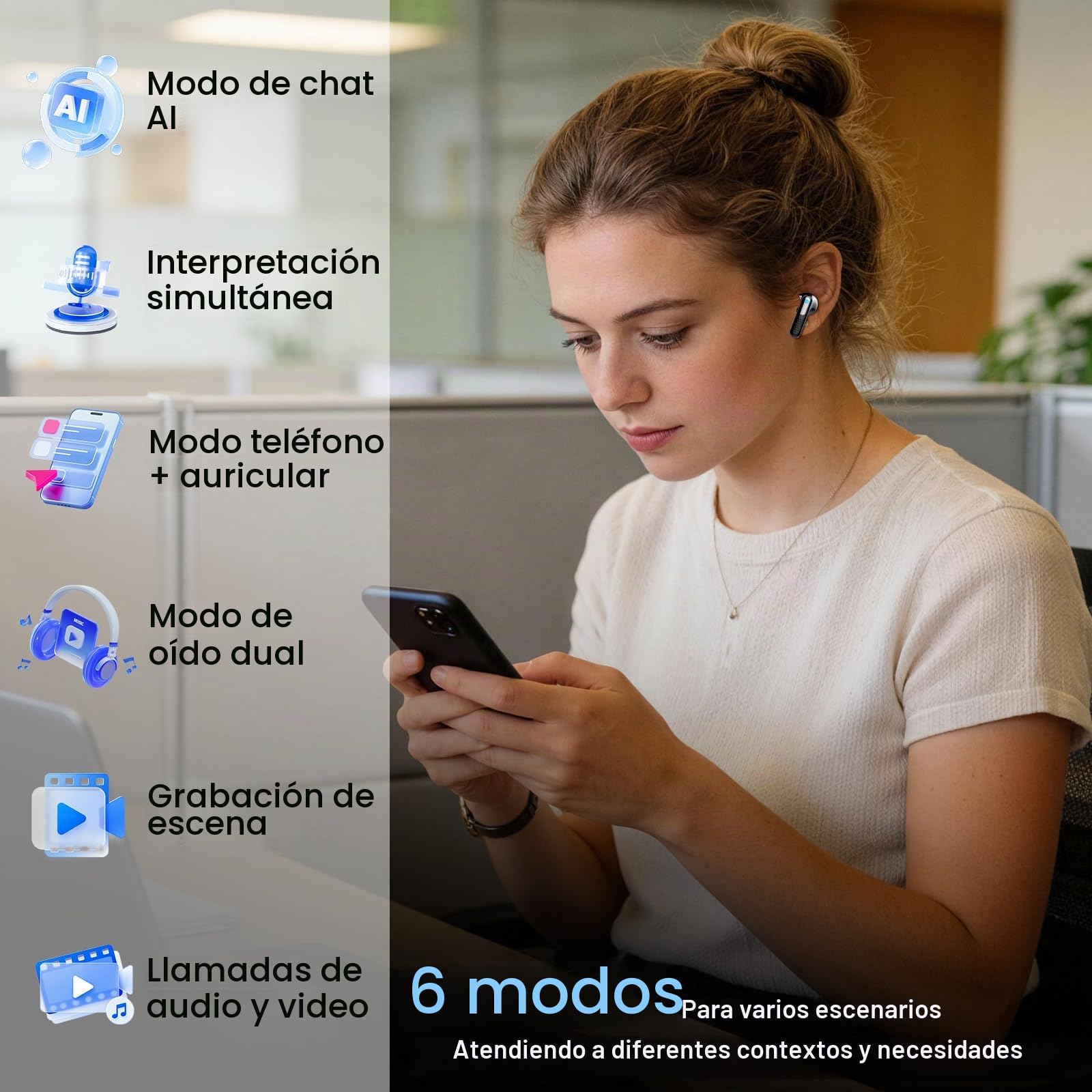 AI Auriculares Traductor en Tiempo Real con Pantalla Táctil LED, 3 en 1 Auriculares Traductores de Idiomas, 6 Modos Traducción con 164 Idiomas, Reducción de Ruido ANC+ENC, 5 Modos EQ, 48H, Negro