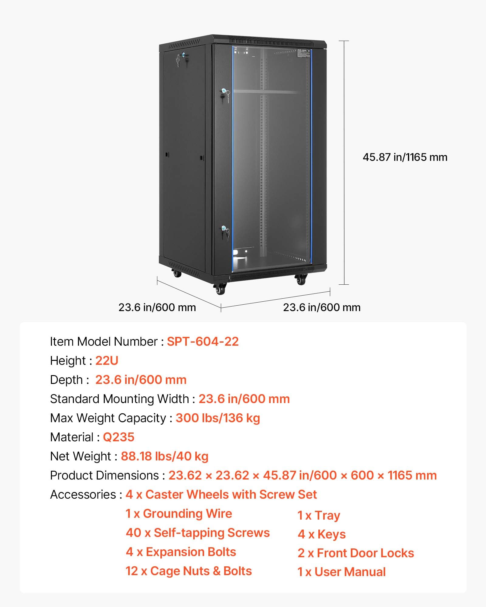VEVOR Gabinete de Red de Pared de 22U, 600 mm de Profundidad, con Puerta de Vidrio Templado con Cerradura y Paneles Laterales, Carga de 136 kg para Equipos de IT y Dispositivos Audiovisuales
