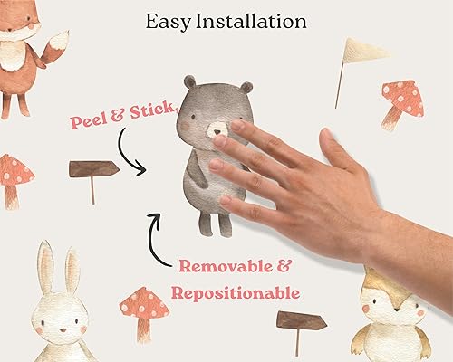 Miniatura 3 de Calcomanías de pared de animales del bosque, calcomanías de pared de tela, calcomanías de pared con temática de bosque de acuarela para habitación