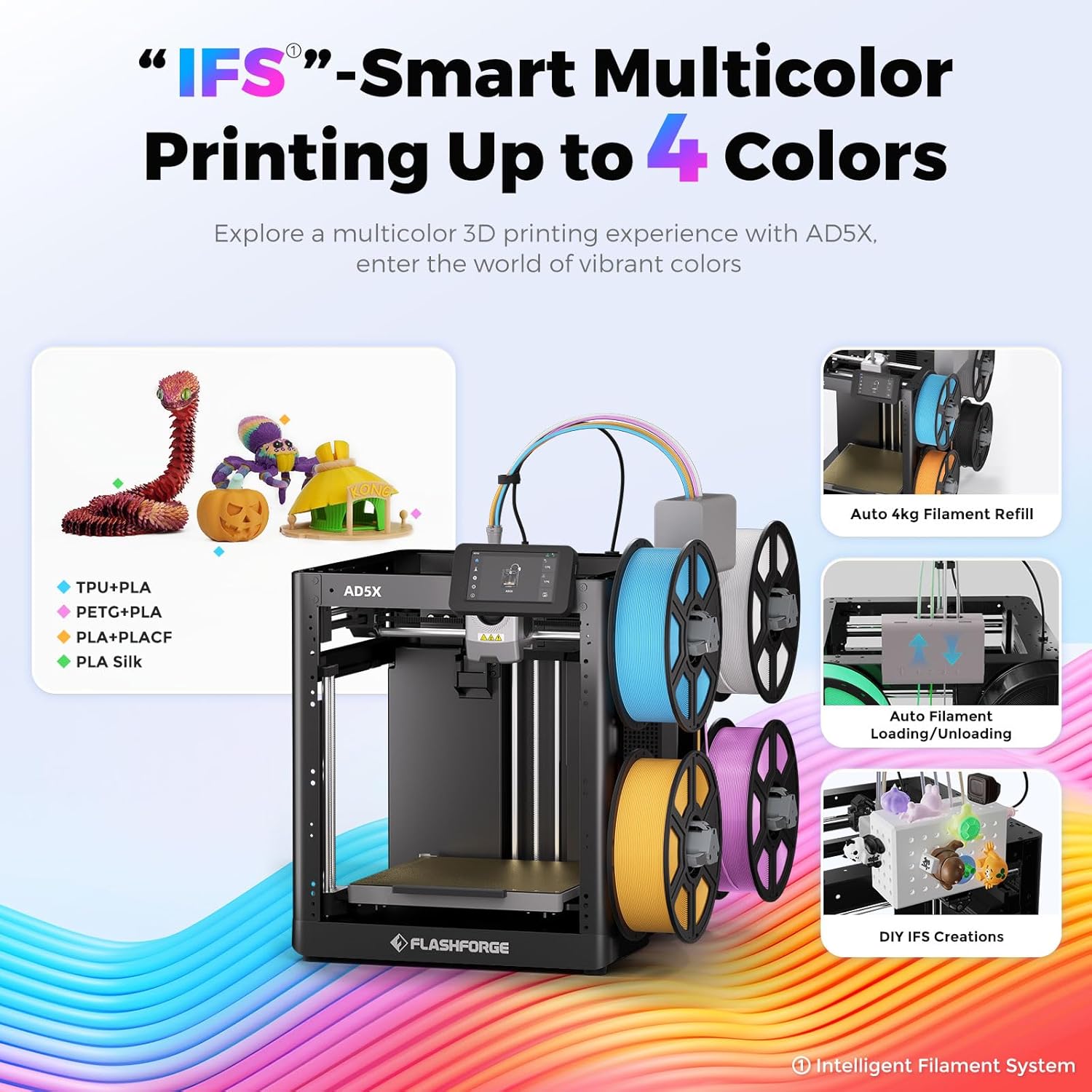 FLASHFORGE AD5X 3D Printer with Intelligent Filament System (IFS) showing multiple filament spools and multi-color prints.