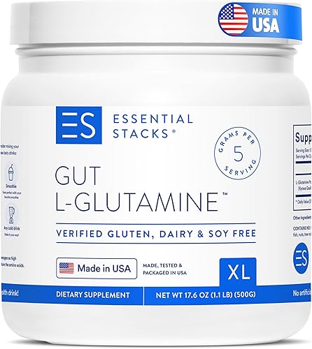Essential Stacks Gut L Glutamine Powder XL (17.64 oz) - Fabricado en Estados Unidos, sin OMG, sin gluten, vegano, sin sabor (100 porciones)