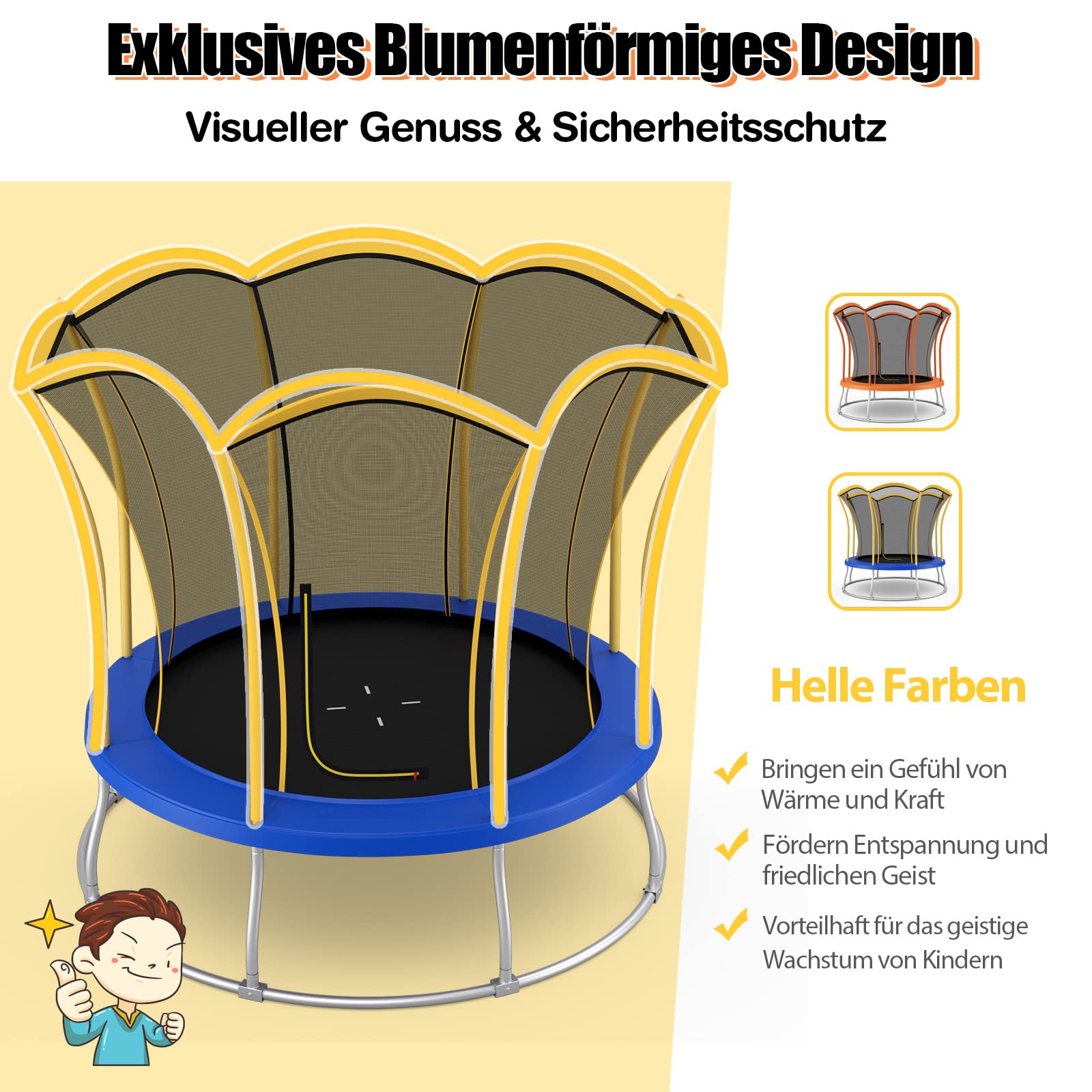 COSTWAY φ244cm/ 305cm Gartentrampolin mit Blumenform, GS Zertifiziert, Trampolin Outdoor mit Sicherheitsnetz, gepolsterten Stangen & Randabdeckung, Kindertrampolin Komplettset bis 190 kg belastbar