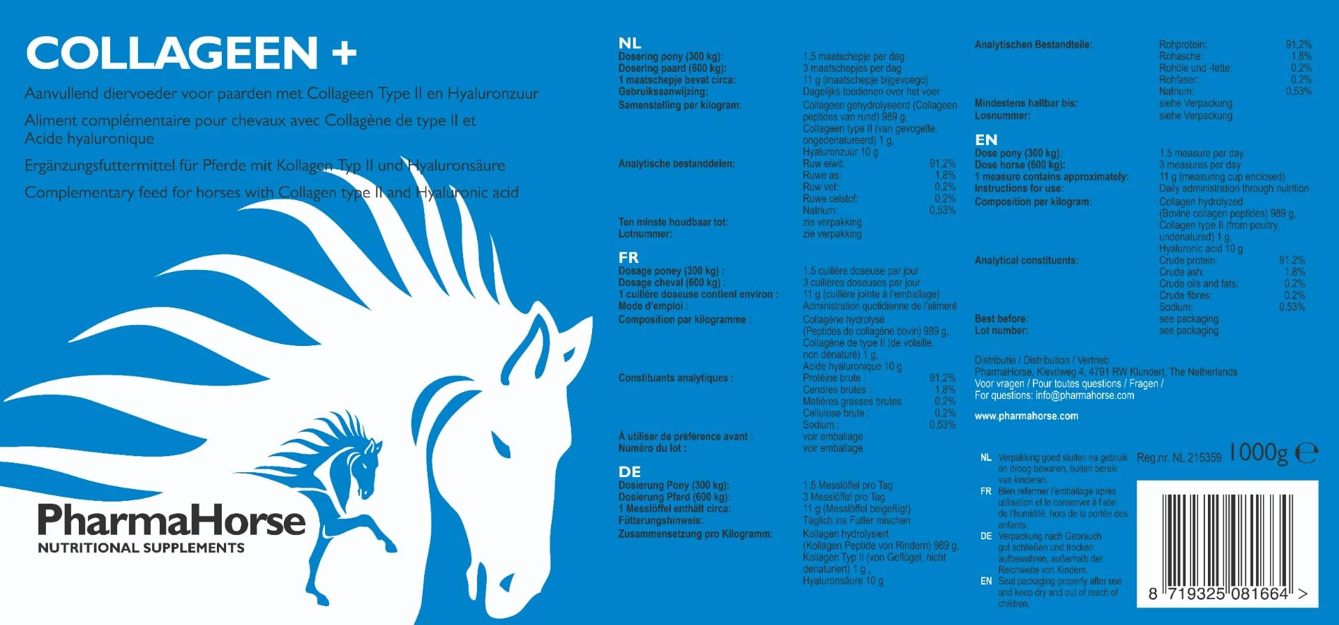 PharmaHorse Collagen+ | Bez dodatku cukru | 100% czysty siarczan glukozaminy | bez dopingu | 1000 gramów