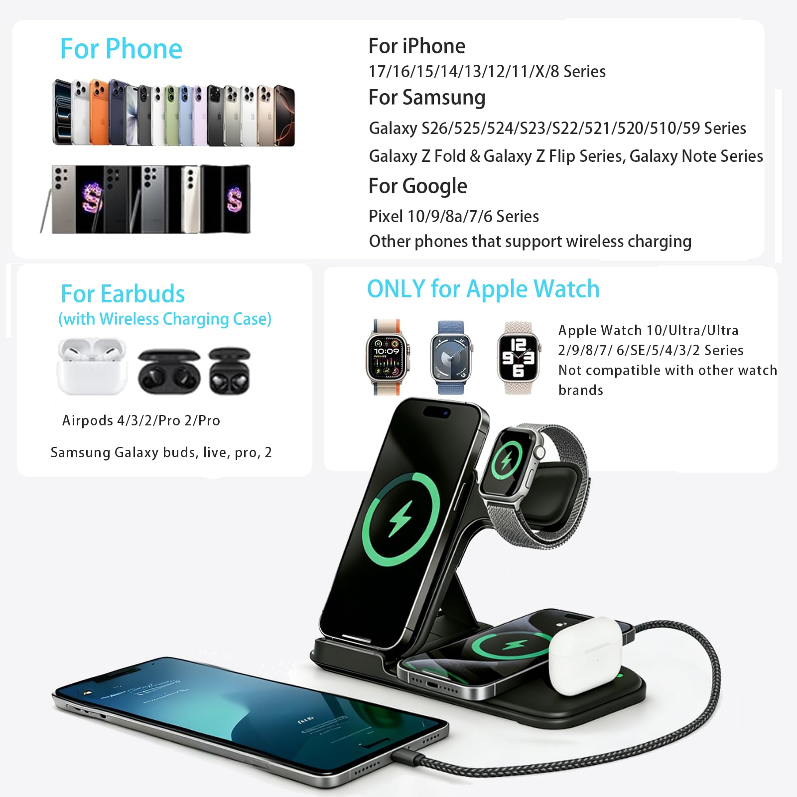 iGour - Estación de carga inalámbrica 5 en 1 para múltiples dispositivos, soporte de carga rápida premium para Apple Samsung Android, doble base de teléfono con puerto USB para mesita de noche de