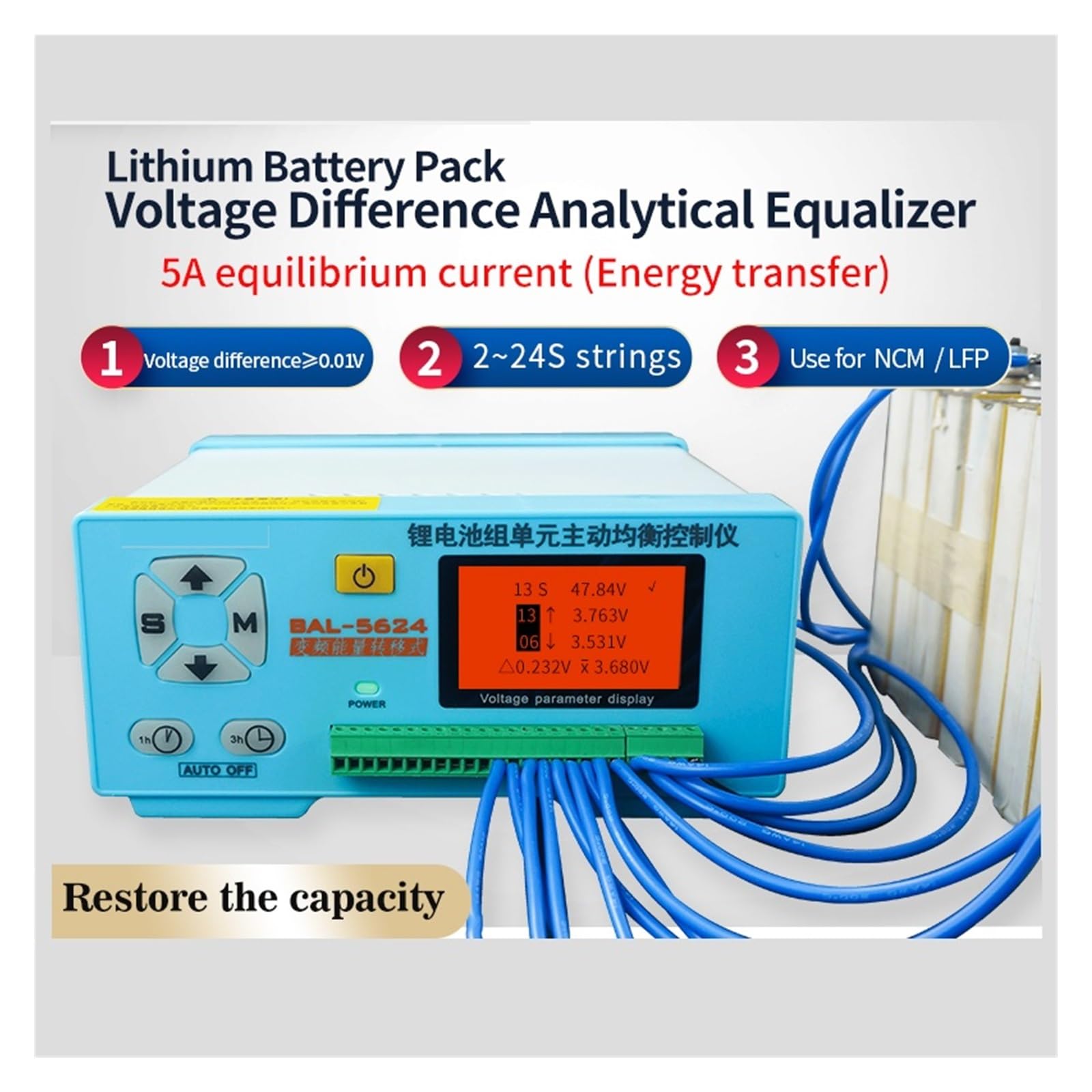 Tester Batteria, 5624 2S-24S Li Lithium Battery Pack Capacity Repair 5A Current Battery Voltage Balancer