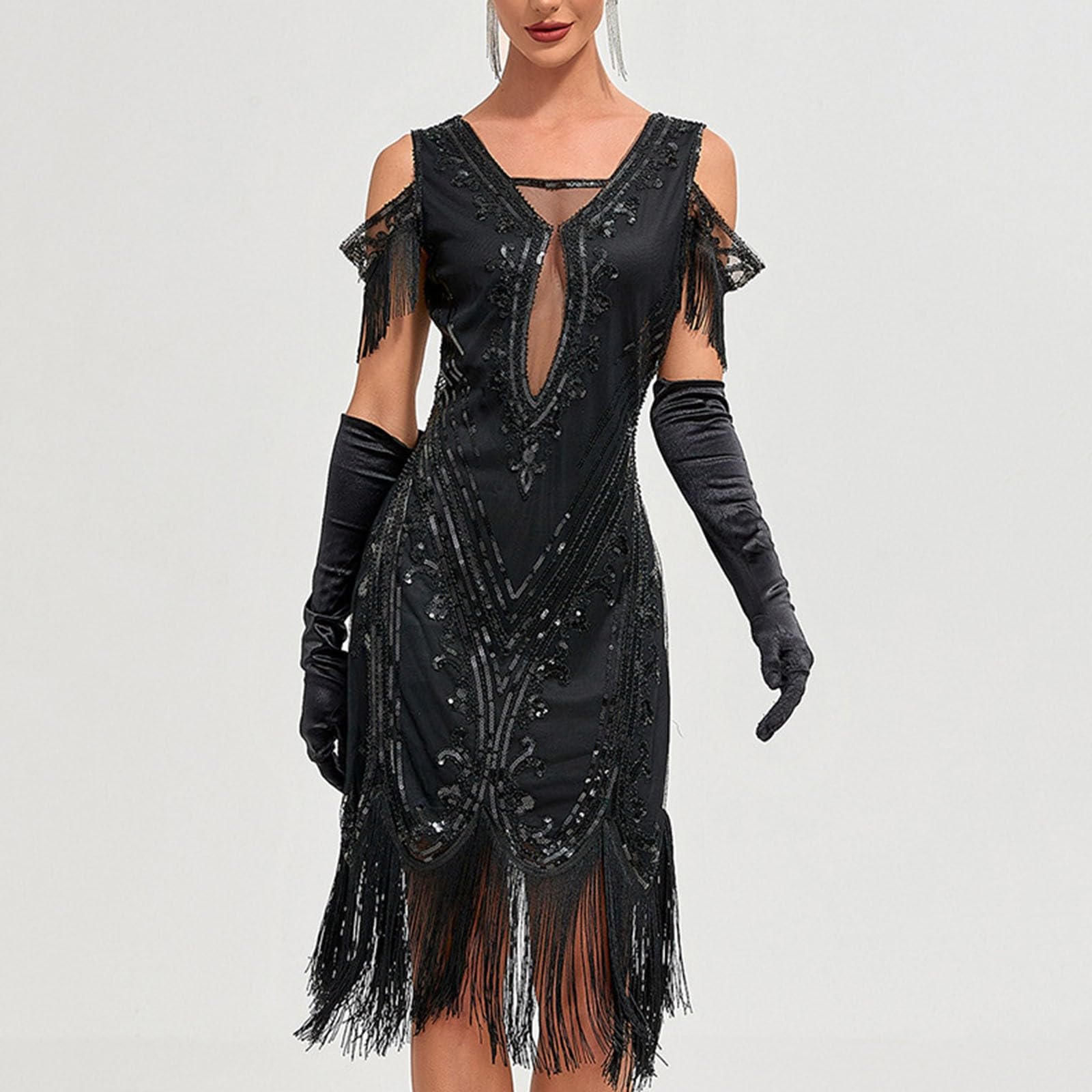 Damen Kleider Elegant Partykleid Knielanges Flapper Partykleid der 1920er Jahre Quastensaum Pailletten Cocktailkleider mit Accessoires Kostümset für Bierfest Karneval Halloween