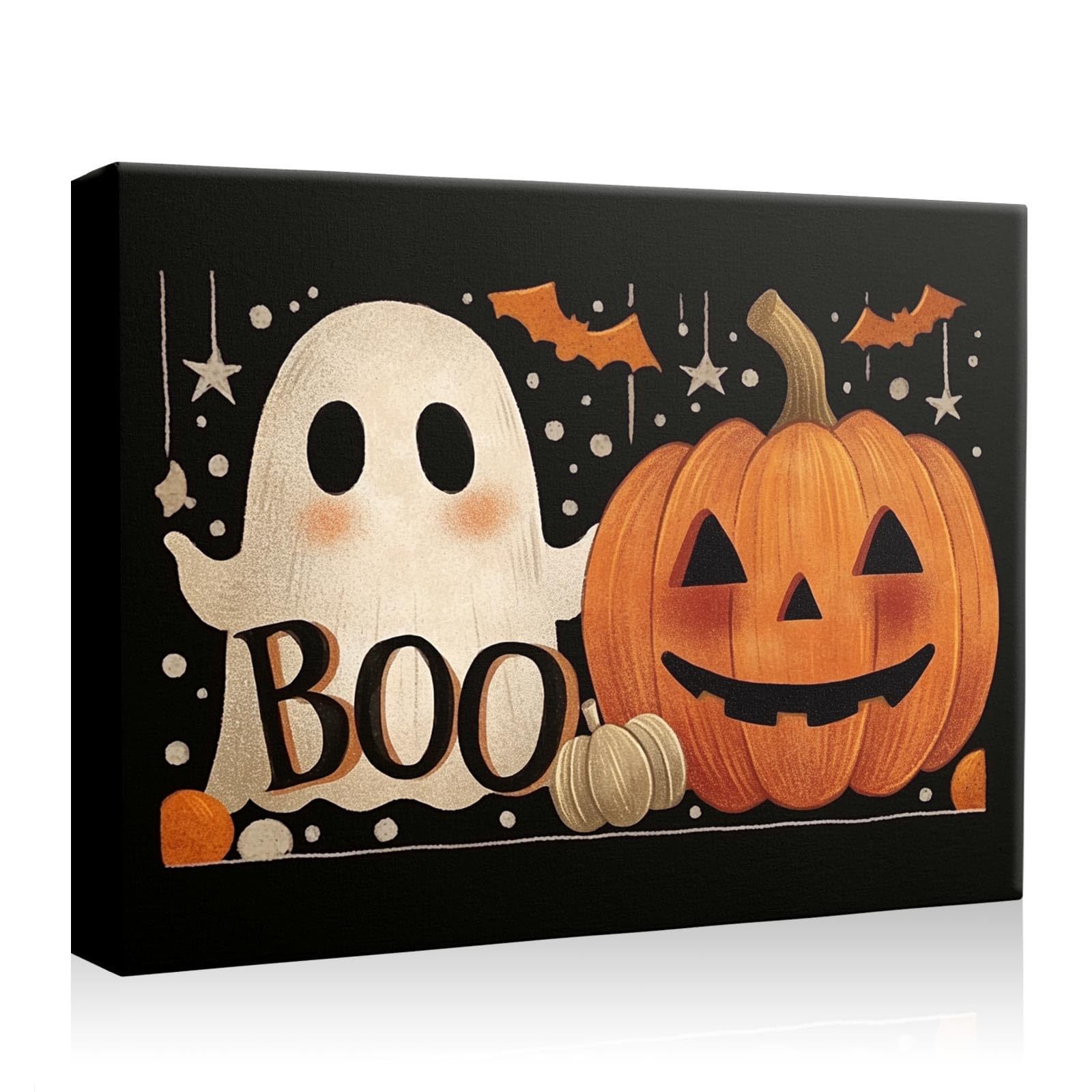 VYPEROCK BOO! Halloween Canvas Wall Art, Ghost and Pumpkin Canvas Print Poster, Cute Oil Painting Artwork Gothic Wiccan Decoration Pictures Halloween Black Aesthetics, 24x30 Framed