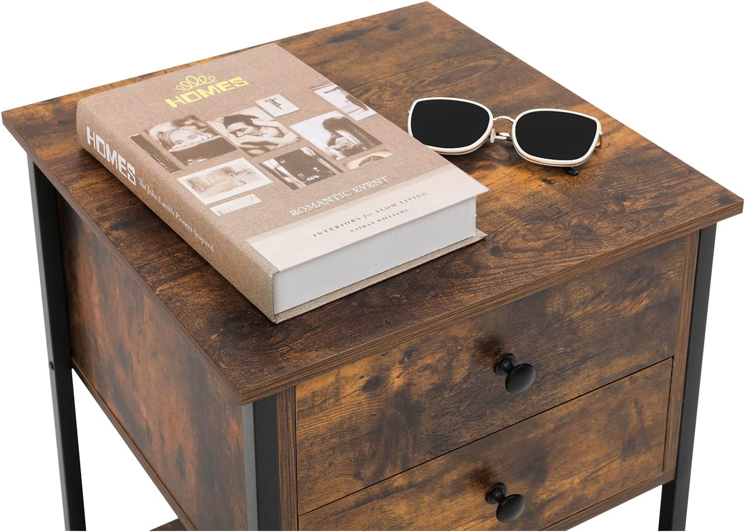 WEENFON End Table with 2 Drawers, Industrial Nightstand with Open Storage Shelves, Bedside Table, Easy Assembly, Wooden Nightstand, Rustic Brown : Home & Kitchen