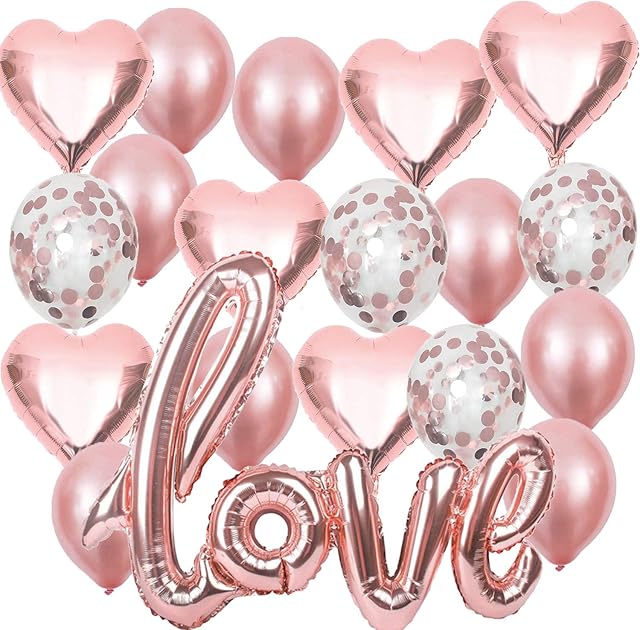 Zestaw Balonów Różozłota, XXL Miłość, 6 Balonów Foliowych Różozłota Serce, 4 Balony Konfetti, 10 Balonów Lateksowych do Romantycznych Dekoracji Ślubnych, Walentynkowych Dekoracji