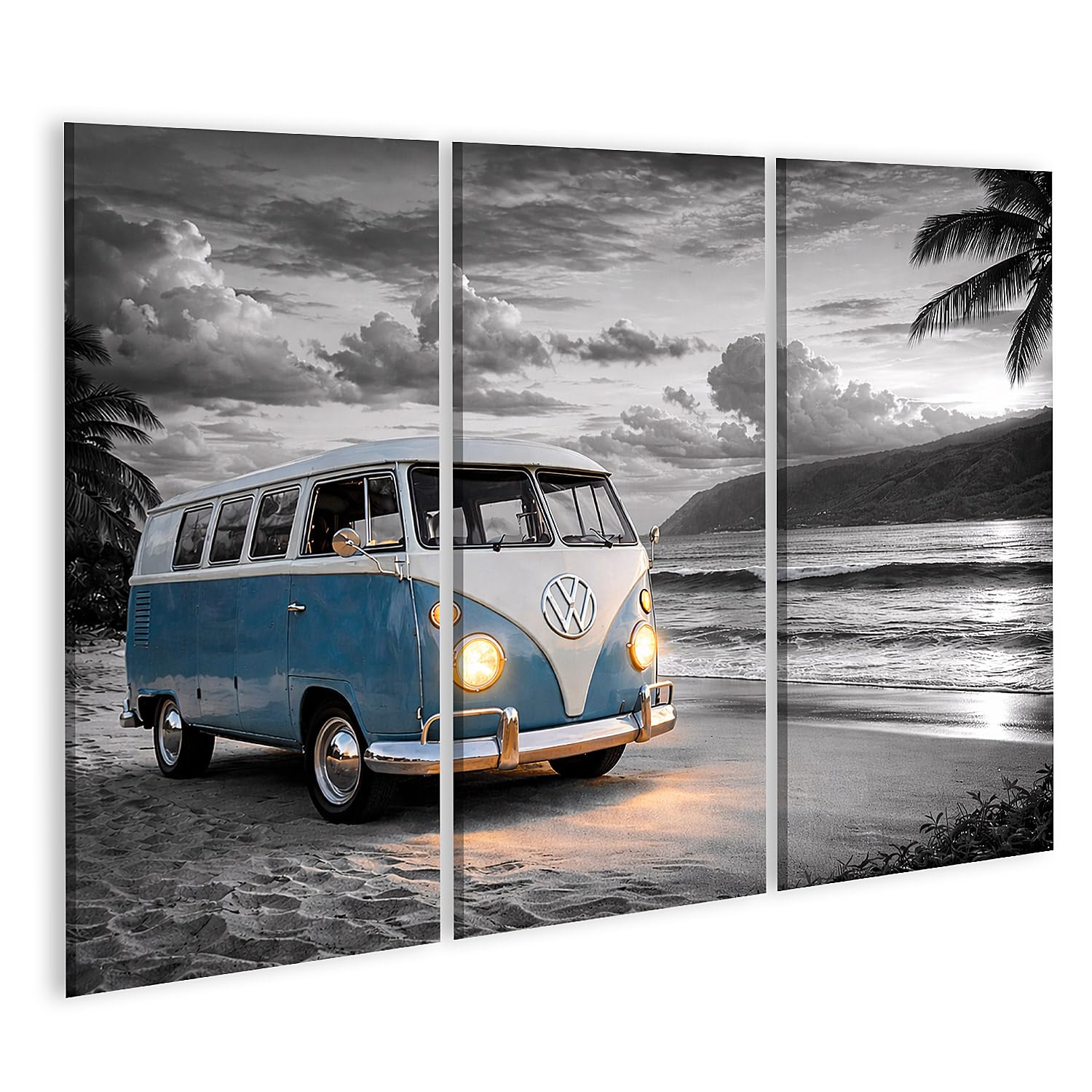 islandburner Bild auf Leinwand Nostalgischer T1-Bus am Strand mit Meerblick - Leinwand 130x80cm - 3 Teile