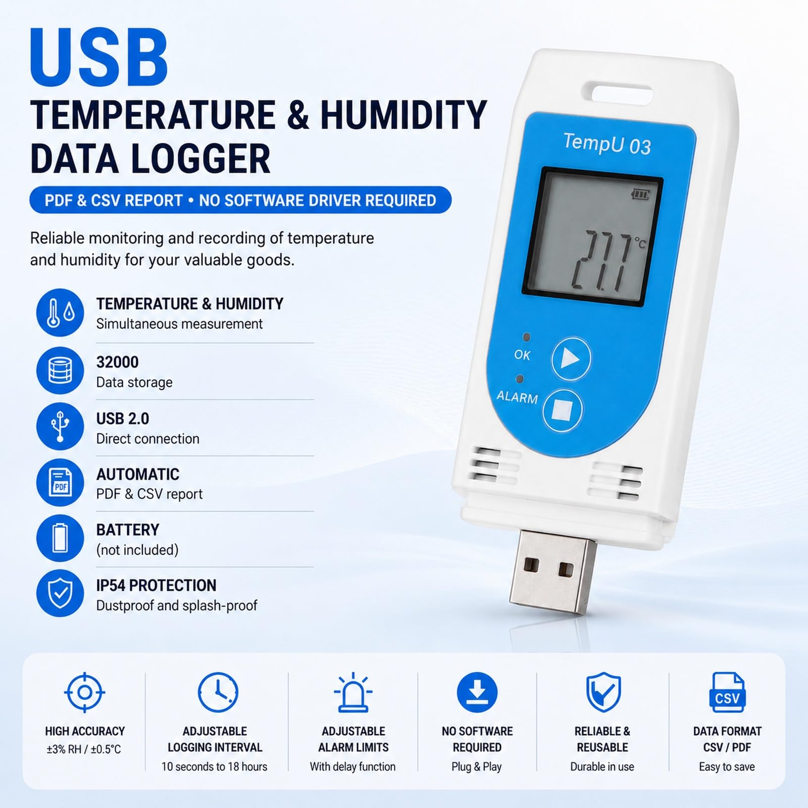 Logger Dati di umidità della Temperatura, Registratore a Doppio Parametro con Display LCD (-30 ° C a 60 ° C / 0-85% RH)-32.000 Punti Memoria, Report PDF/CSV Automatico,