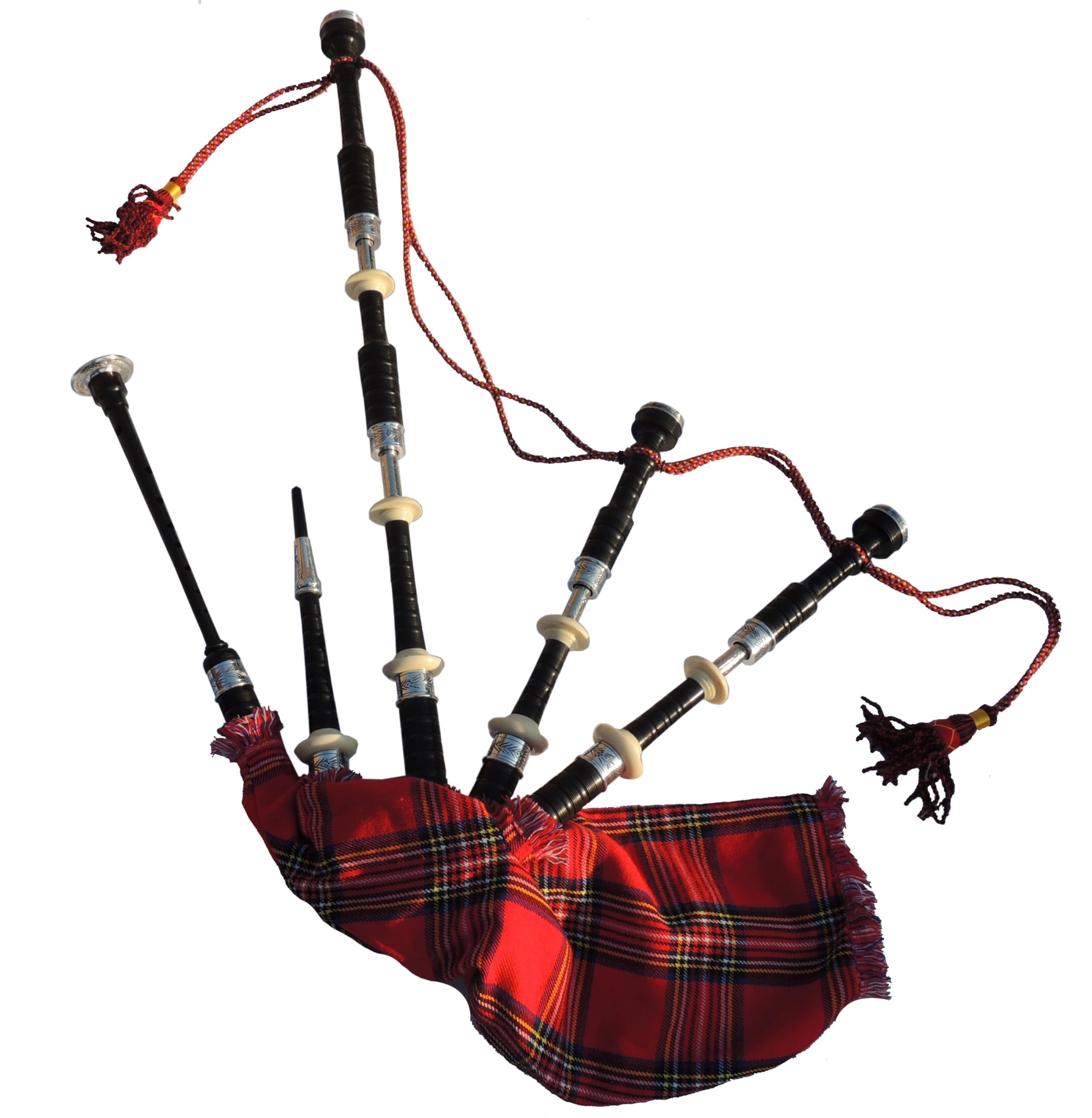 Cornamusa con ghiere in nichel incise, scivoli e supporti in finto avorio, cornamusa scozzese per studenti, kit completo di base con guida per principianti (Royal Stewart Tartan)