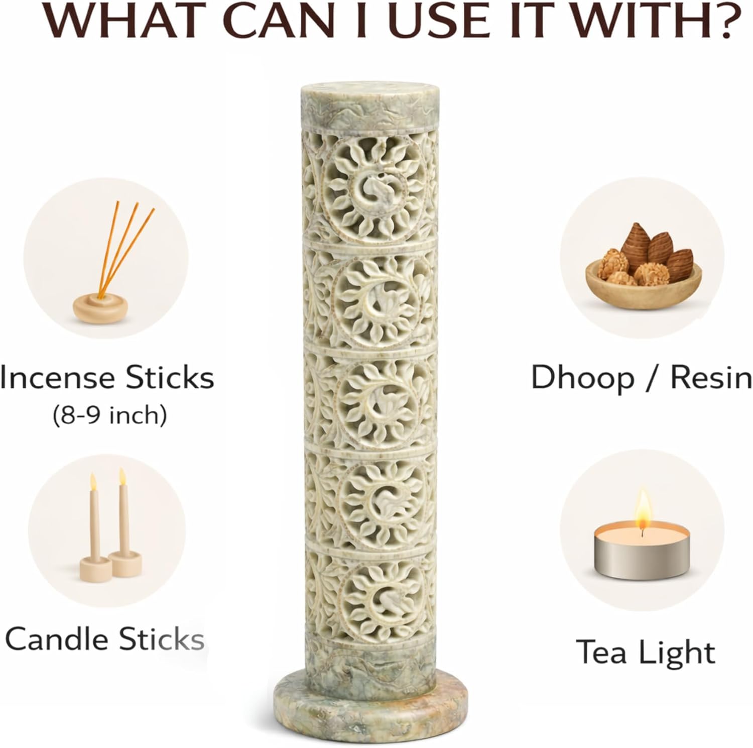 Carry Me Marble Soapstone Incense Stick Holder | Candle Burner | Tea Light Holder - Perfect Handmade Floral Carving for Gifting. Decorative Home and Office Decor.(3 x 3 x 11 Inches)