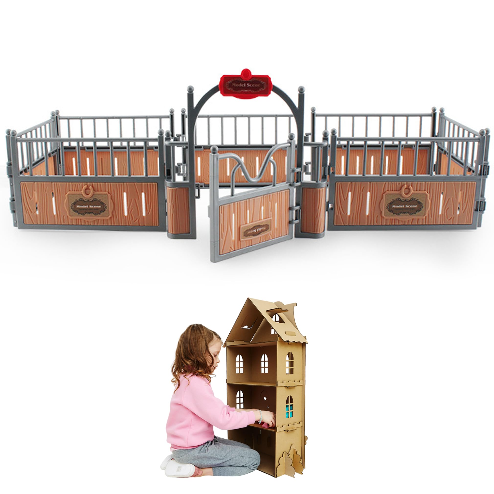 Pferde Spiel Zubehör，Pferd Stallset Zaun 17.3x7.9x5.9 '' Realistisches Plastik Pferdes Scheune Playset Zaun imaginär und kreatives Bildungsspielz