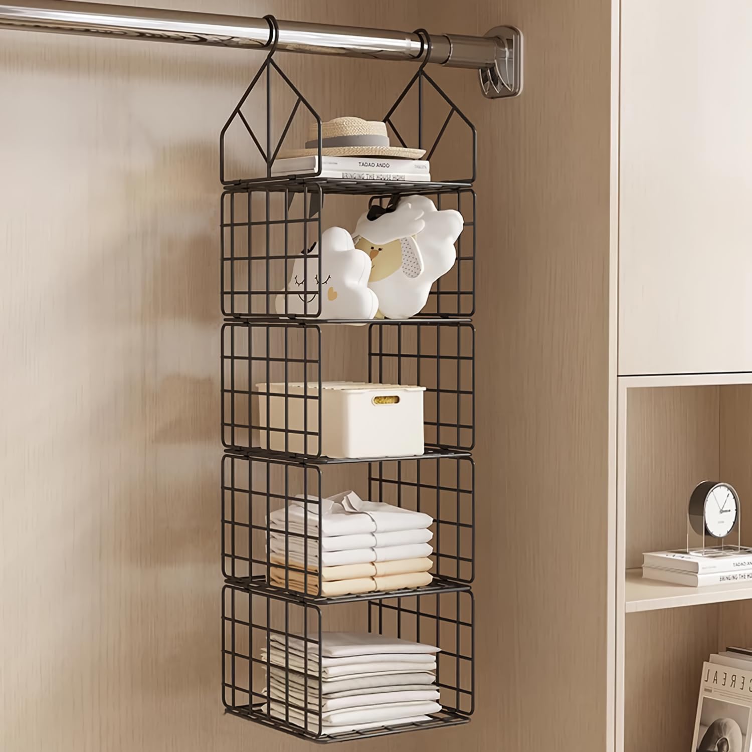 Organiseur de placard à suspendre, 5 étagères de rangement en métal, étagères de placard pliables à suspendre, rangement polyvalent pour vêtements, sacs à main, noir