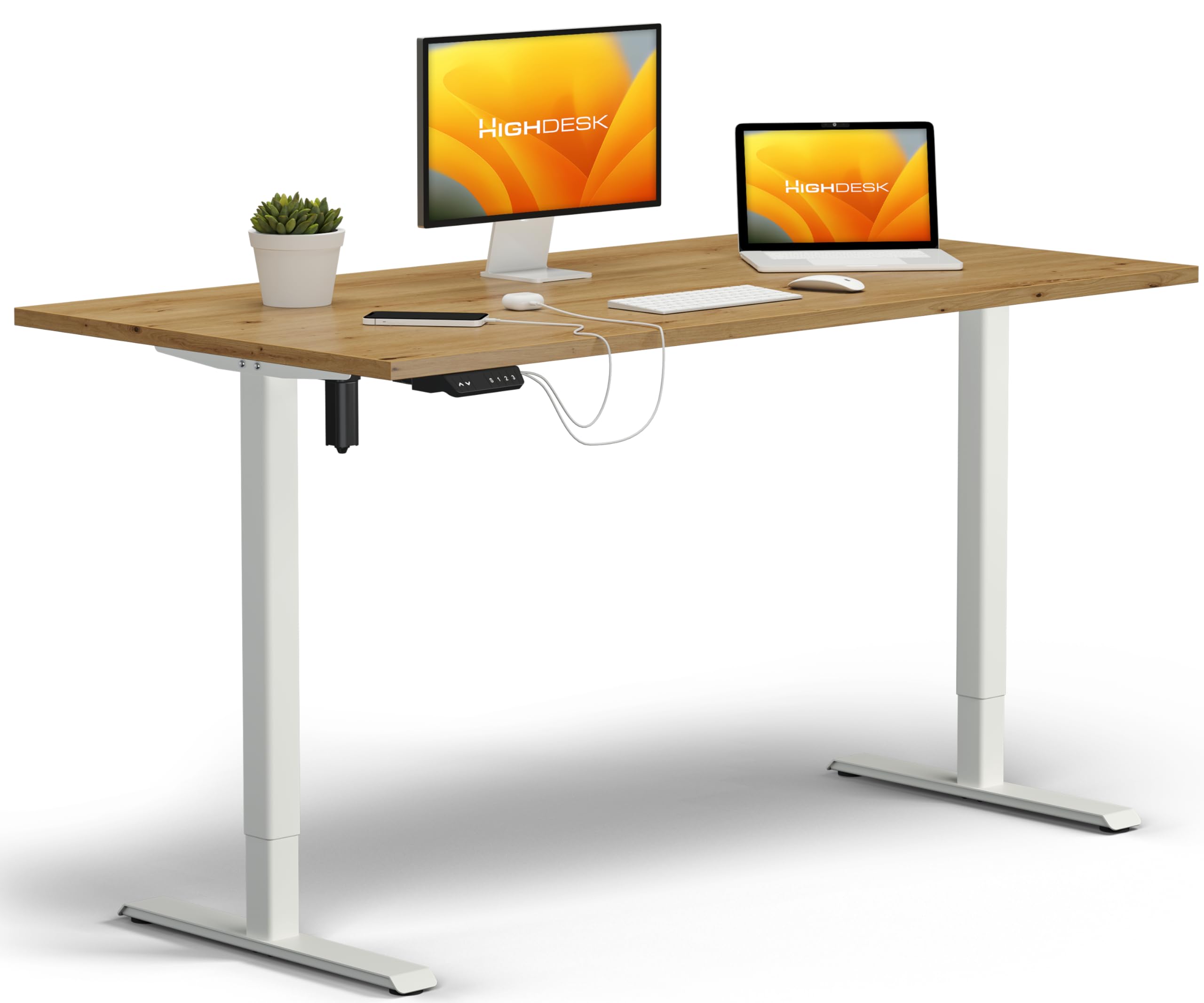 KRIEG HighDesk SMART Home Elektrisch Höhenverstellbarer Schreibtisch 160 x 70 cm I Weiß + Eiche – Ergonomischer Steh-Sitz-Tisch mit Memory-Funktion & USB-A/C Charging – Leiser Motor, Kollisionsschutz