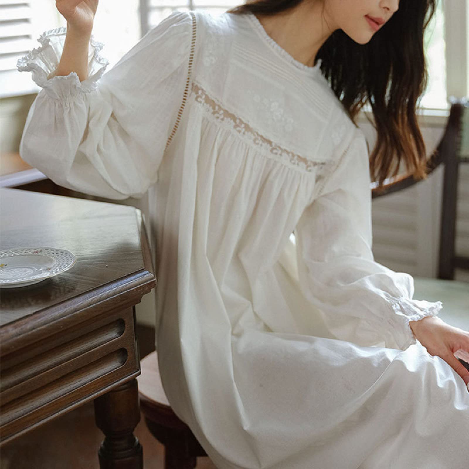 OFFSUM Camicia da Notte Donna - Dolce Ricamo Tinta Unita Camicia da Notte Primavera Estate Vintage Principessa Camicia da Notte Elegante Cotone Pigiameria Loungewear