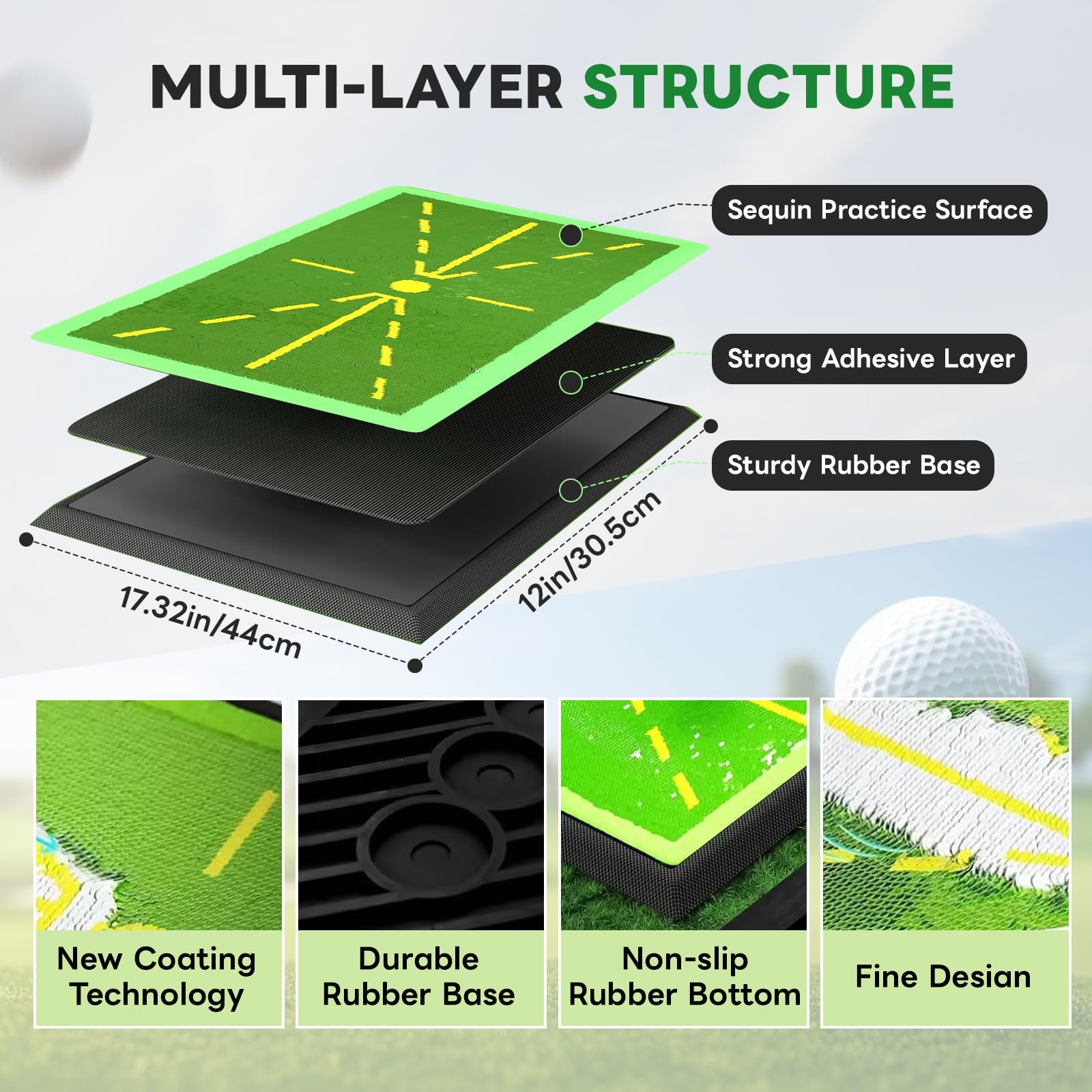 Tapis Entrainement Golf 30,5 X 43,2 cm, Tapis Golf Base Antidérapante pour Un Swing Précis et Un Feedback Immédiat, Intérieur/Extérieur pour Débutants et Golfeurs