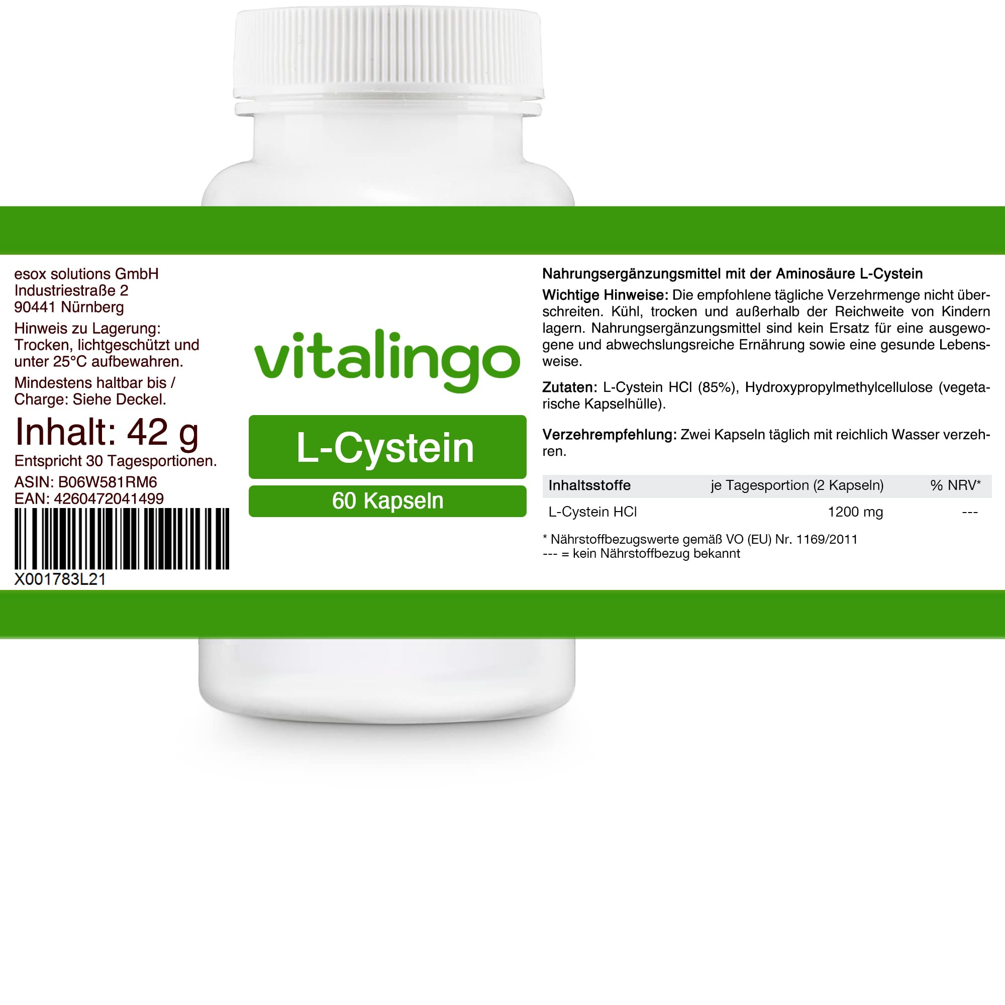 L-Cystein Kapseln - 60 Kapseln à 700mg - je Kapsel 600mg L-Cystein HCI