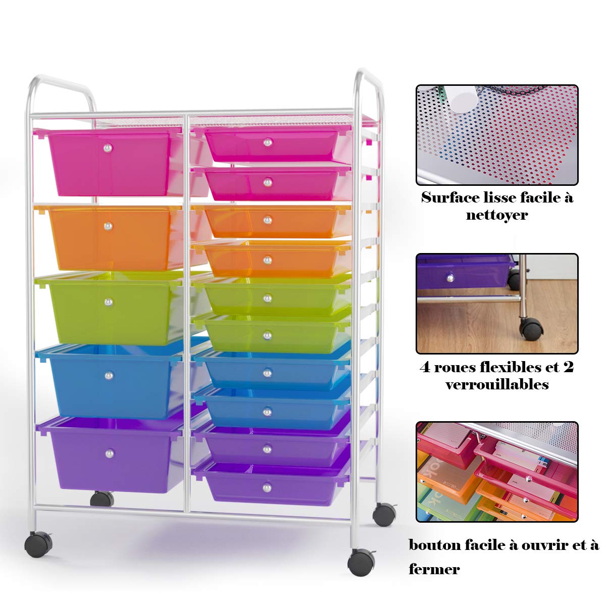 Tour De Rangement COSTWAY 10 Tiroirs - Chariot à Roulettes Stable Pour Salon Cuisine Salle De Bain