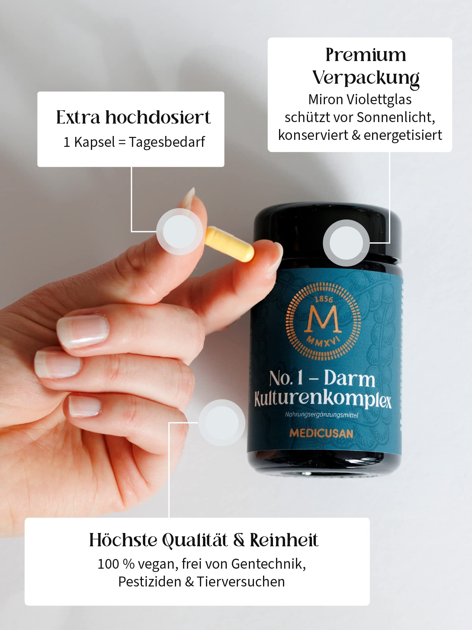 No.1 Darm Kulturenkomplex – 12 Bakterienstämme u.a. Lactobacillus Rhamnosus – 12 Mrd. KBE – 50 mg Inulin – 100% NRV Riboflavin – 20% NRV Niacin – 1 Kapsel/Tag – 90 Kapseln/90 Tage
