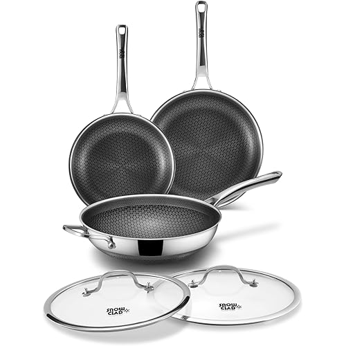 3-Piece Hybrid Stainless Steel Cookware Set-12 Inch Wok with Lid,10 Inch Frying Pan,12 Inch Skillet with Lid-Non Stick,PFOA Free,Dishwasher&Oven Safe,Induction Compatible