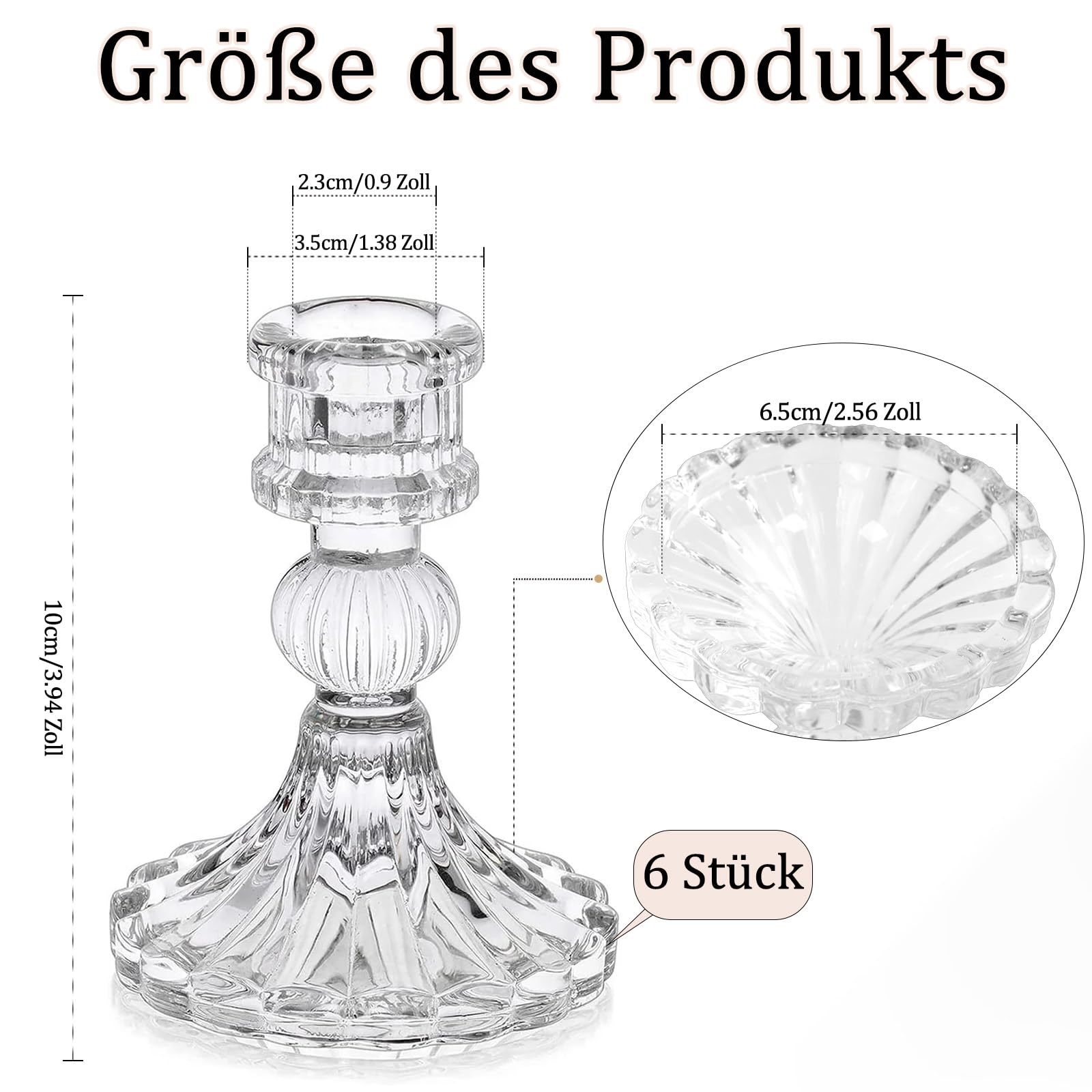 Kerzenhalter Glas, Klare Kerzenhalters für Kerzenständer, 10cm Hohe Gestreifte Kristall-Kerzenhalter, Dekorativer Candle Holder als Tischdekoration für Hochzeiten, Feste, Dinnerpartys, 6 Stück