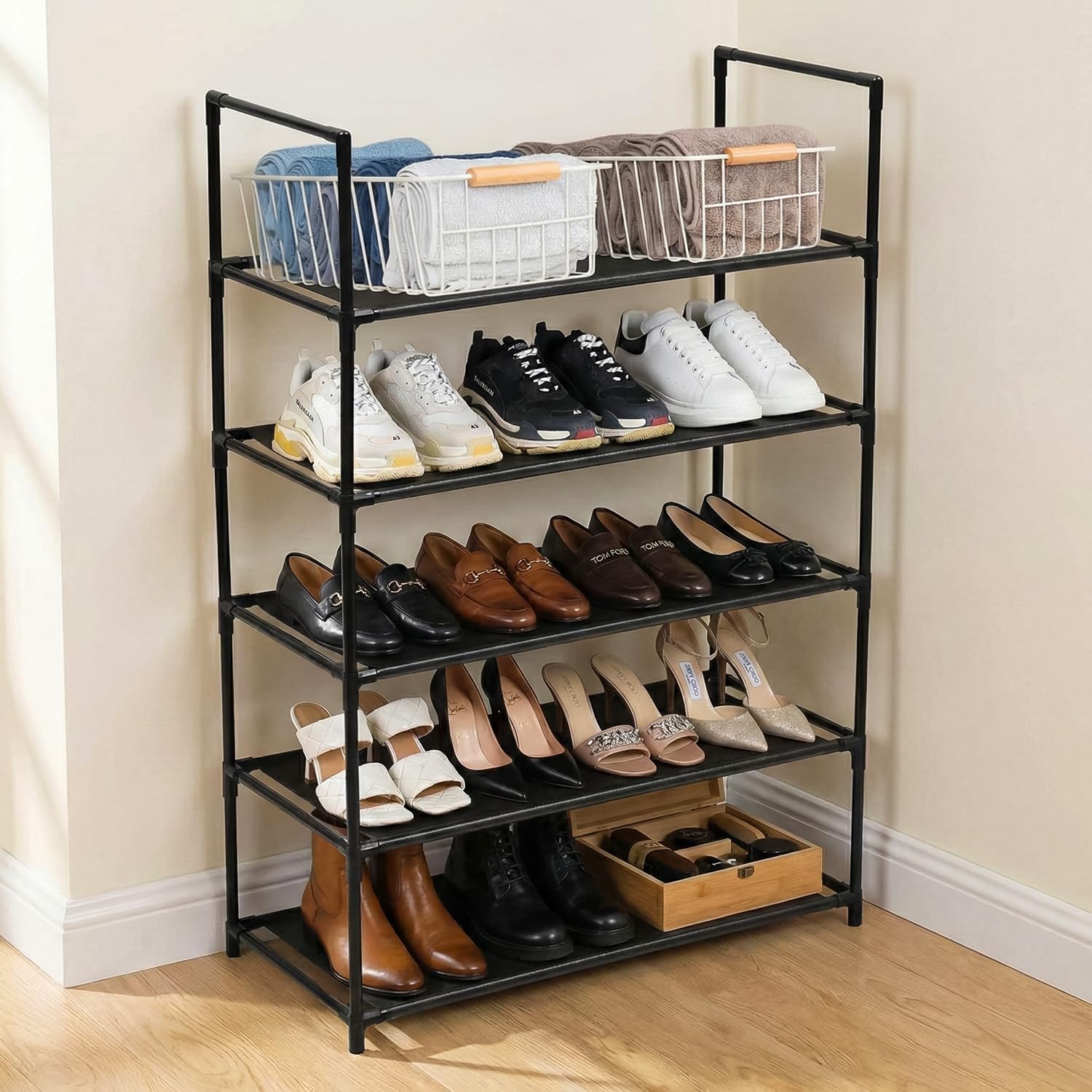 Rainberg 5 Tier Shoe Rack, Heavy duty storage unit, Quick Assembly No Tools Required, Holds up to 15-20 pairs (L 60cm x W 28cm x H 88cm)