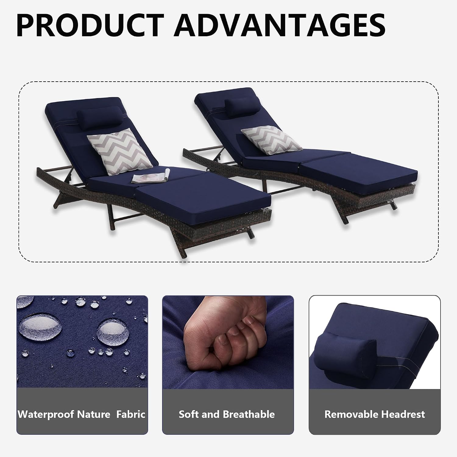Outdoor Lounge Chairs Set of 2,Wicker Chaise Lounge Chair Pool Chaise Lounge,Patio Lounge Chair with Adjustable Backrest Arm Cushion for Poolside